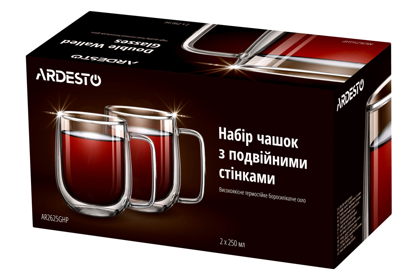 Ardesto Double wall borosilicate glass mug set Ardesto, 250 ml, 2 pcs, with handles