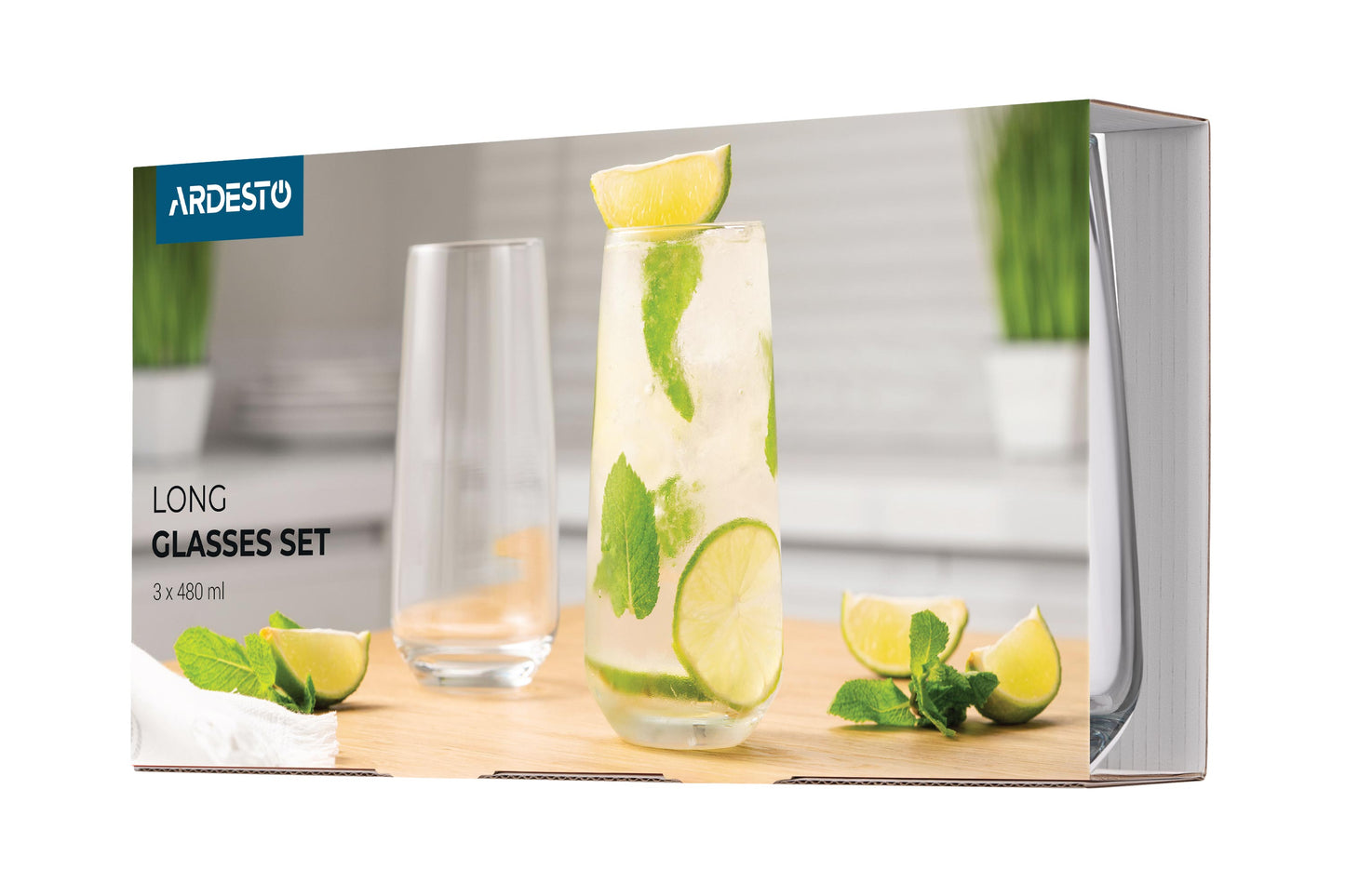 Long glasses set ARDESTO Gloria Shine, 480ml, 3pcs, glass, transparent