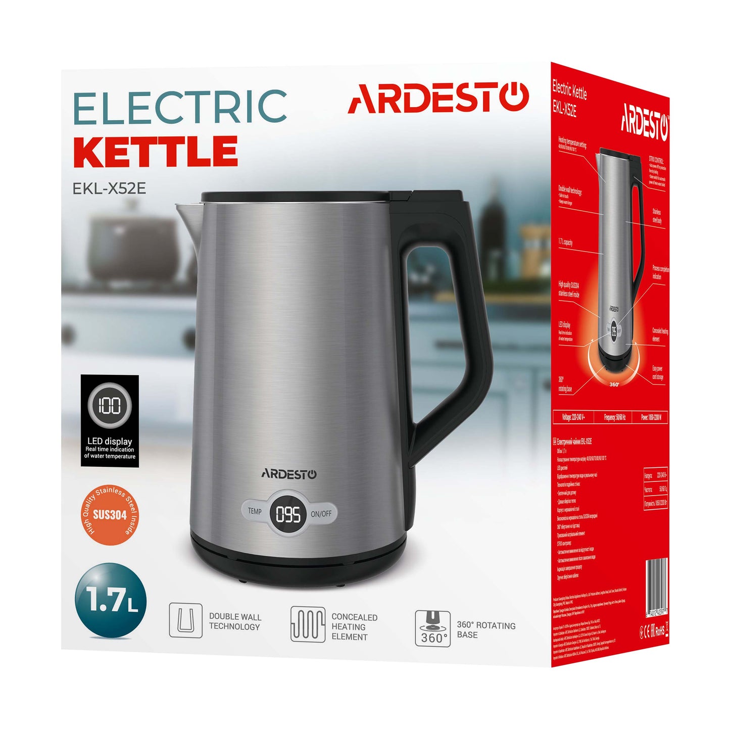 Ardesto Electric kettle Steel Collection EKL-X52E, 1.7L, LED display, double-walled, STRIX, silver