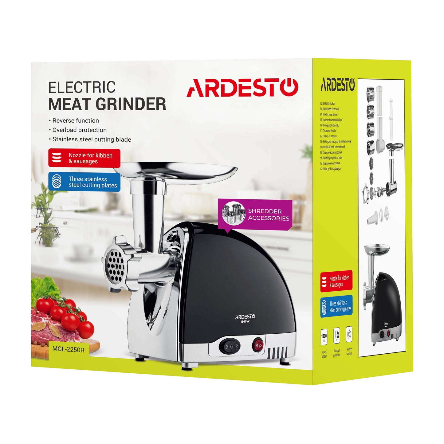 Ardesto meat grinder, 1800W, 2kg/min, 3 cutting plates, sausages nozzle, 4 vegetable slicer, plastik, black-silver