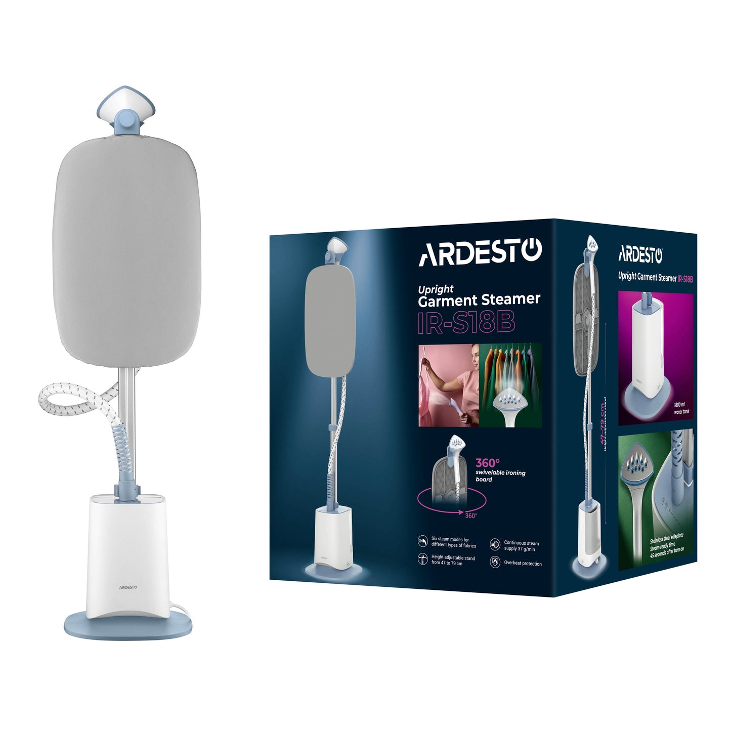 Ardesto steamer vertical IR-S18B, 1800W, 1800ml, board, inox soleplate, white+gray