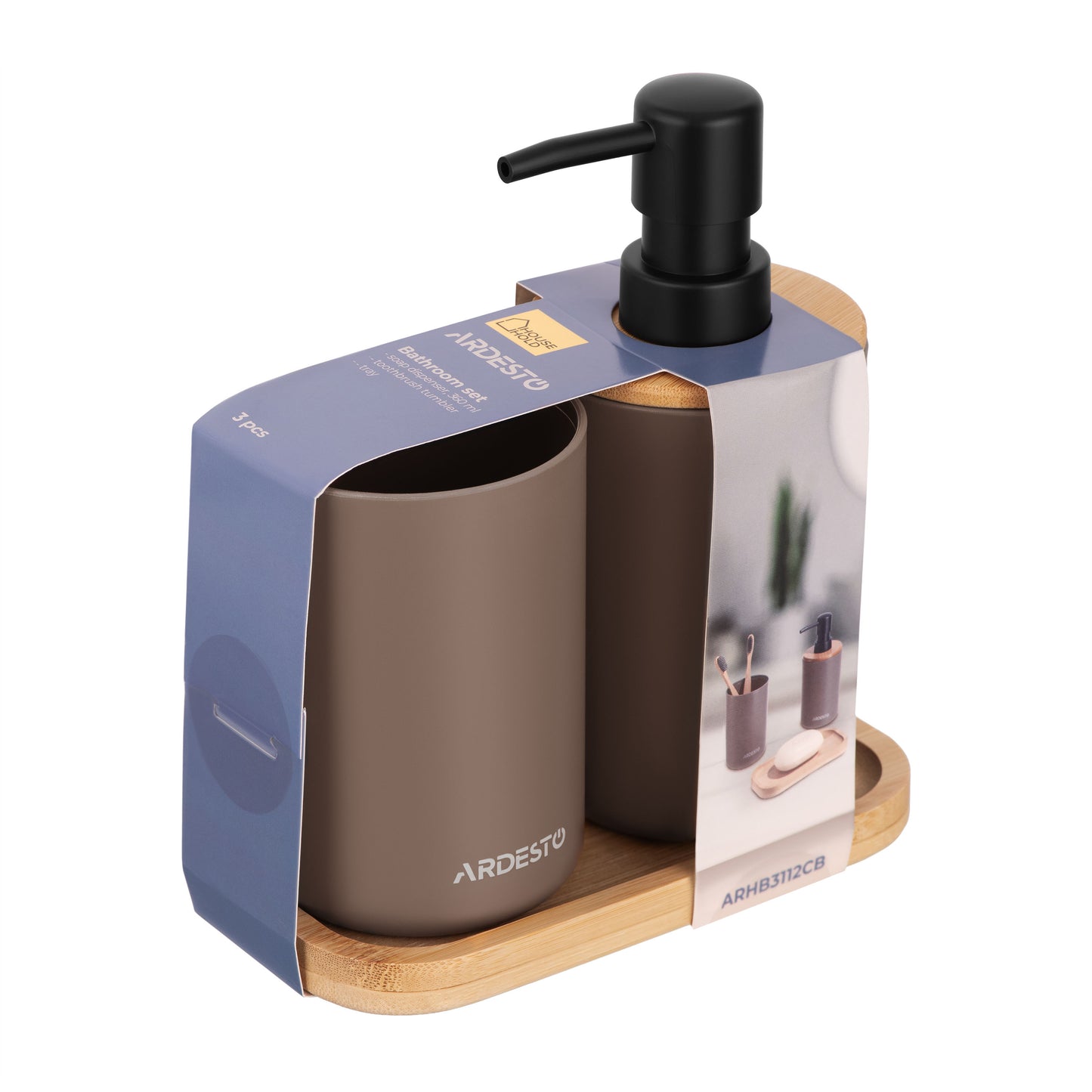 ARDESTO Bathroom set Minimalism 360ml, 3 items, polypropylene, bamboo, taupe 767637180719