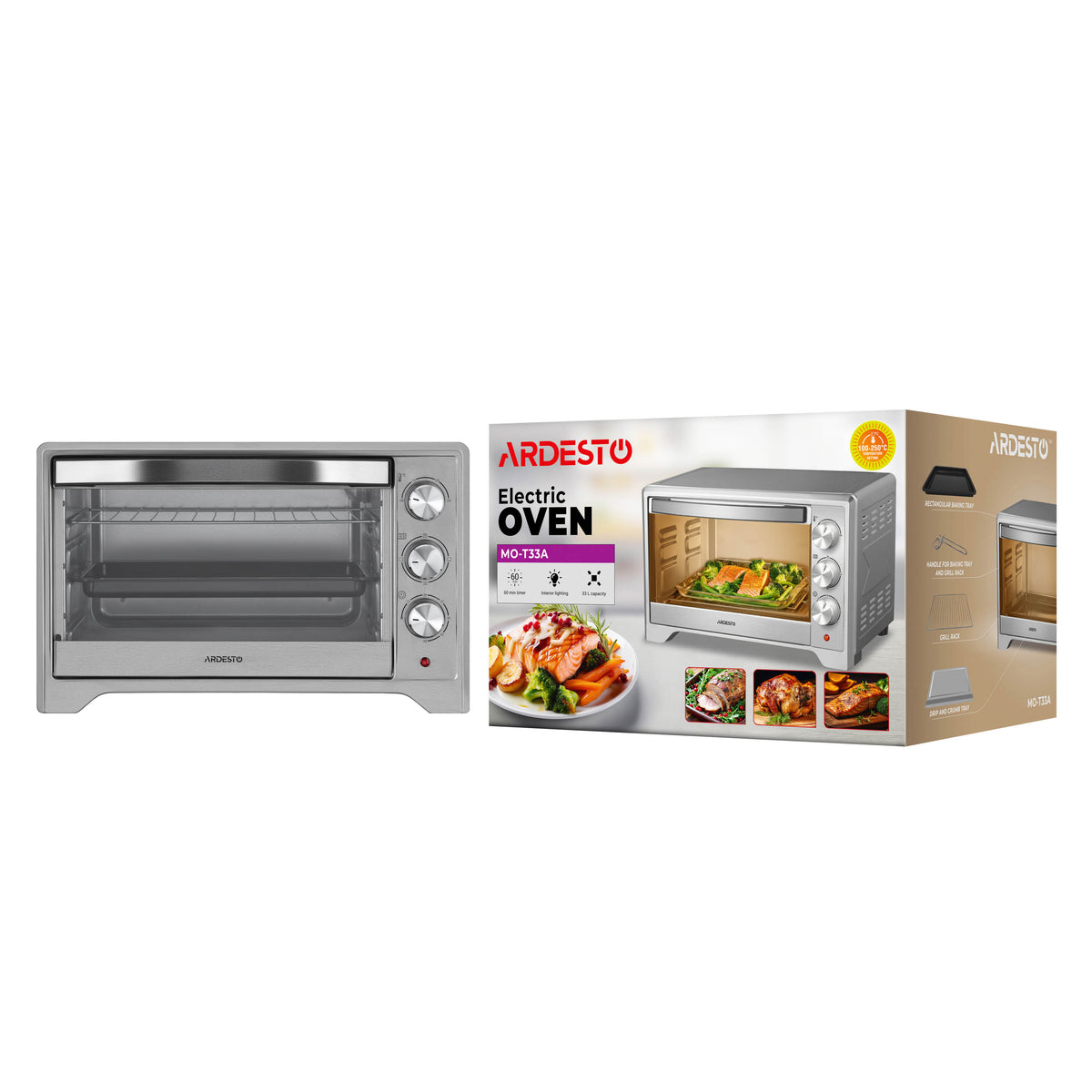 ARDESTO Electric oven, 33L, 1627W, mech., convection, grey