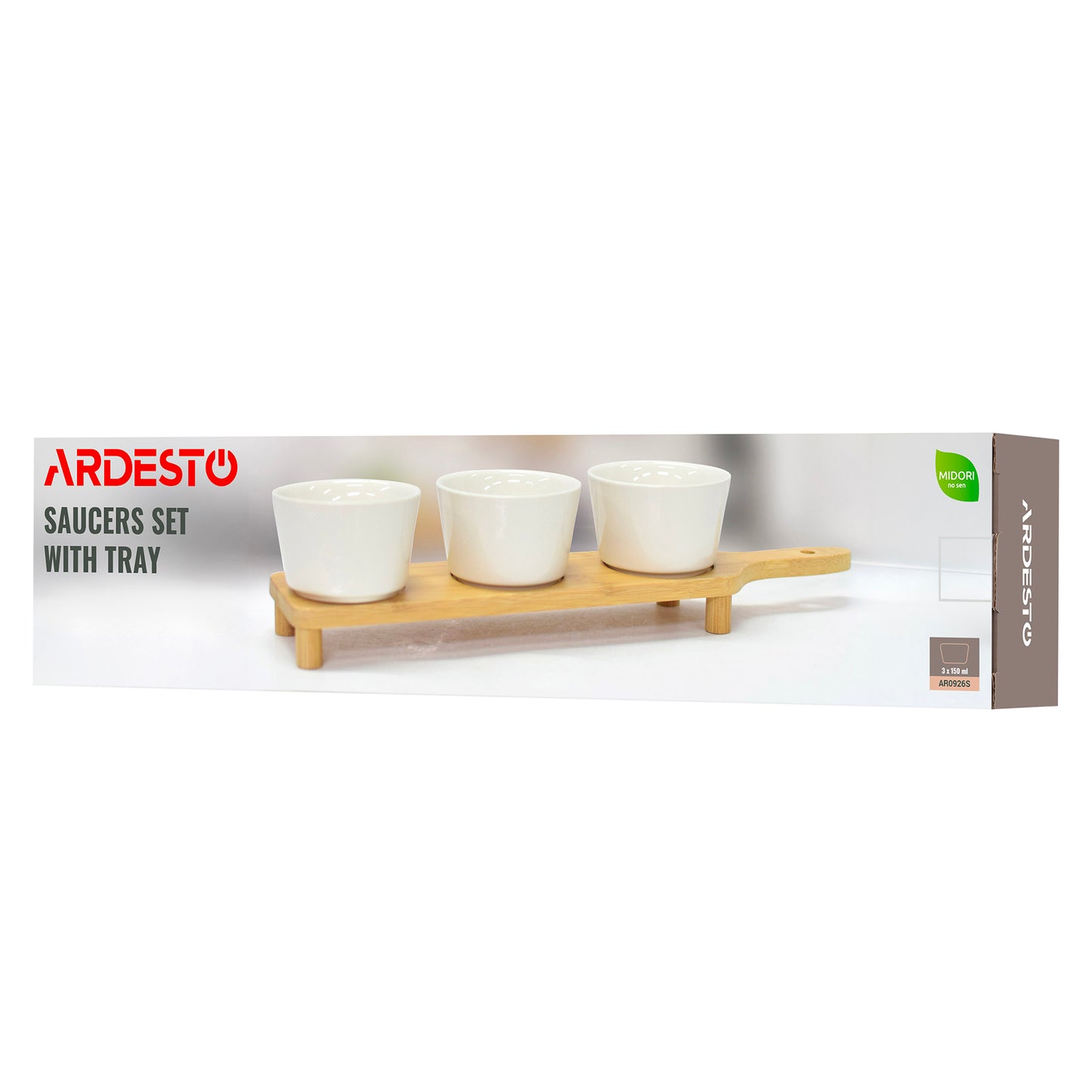 ARDESTO Saucer set with tray Midori, 3pcs, 150ml, new bone china, bamboo