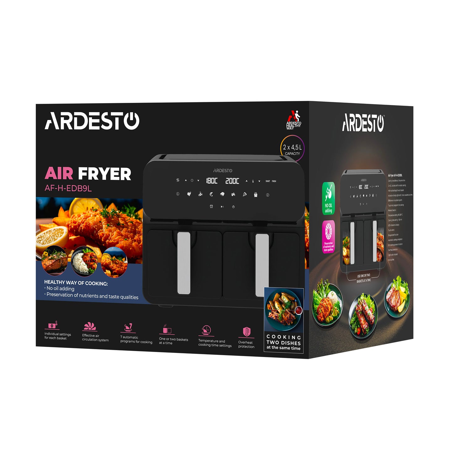 ARDESTO Air fryer 1700W, bowl-2*4.5L, touch control, 7 auto programs, plastic, black