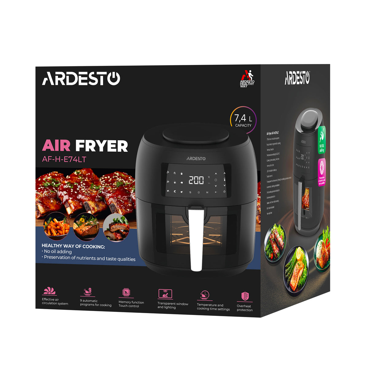 ARDESTO Air fryer 1800W, bowl-7.4L, touch control, 9 auto programs, plastic, black