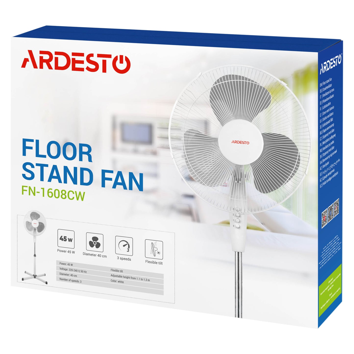 Floor fan ARDESTO, 40см, 45Вт, white