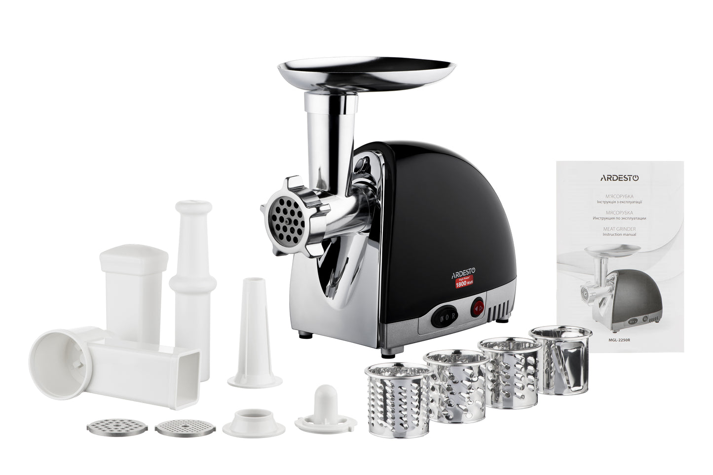 Ardesto meat grinder, 1800W, 2kg/min, 3 cutting plates, sausages nozzle, 4 vegetable slicer, plastik, black-silver