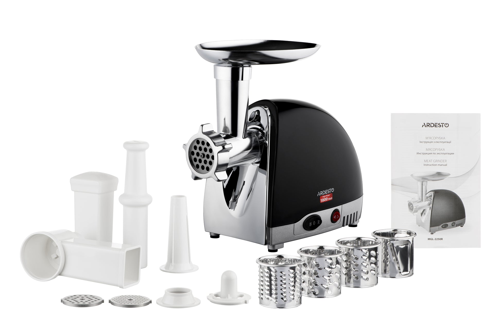 Ardesto meat grinder, 1800W, 2kg/min, 3 cutting plates, sausages nozzle, 4 vegetable slicer, plastik, black-silver