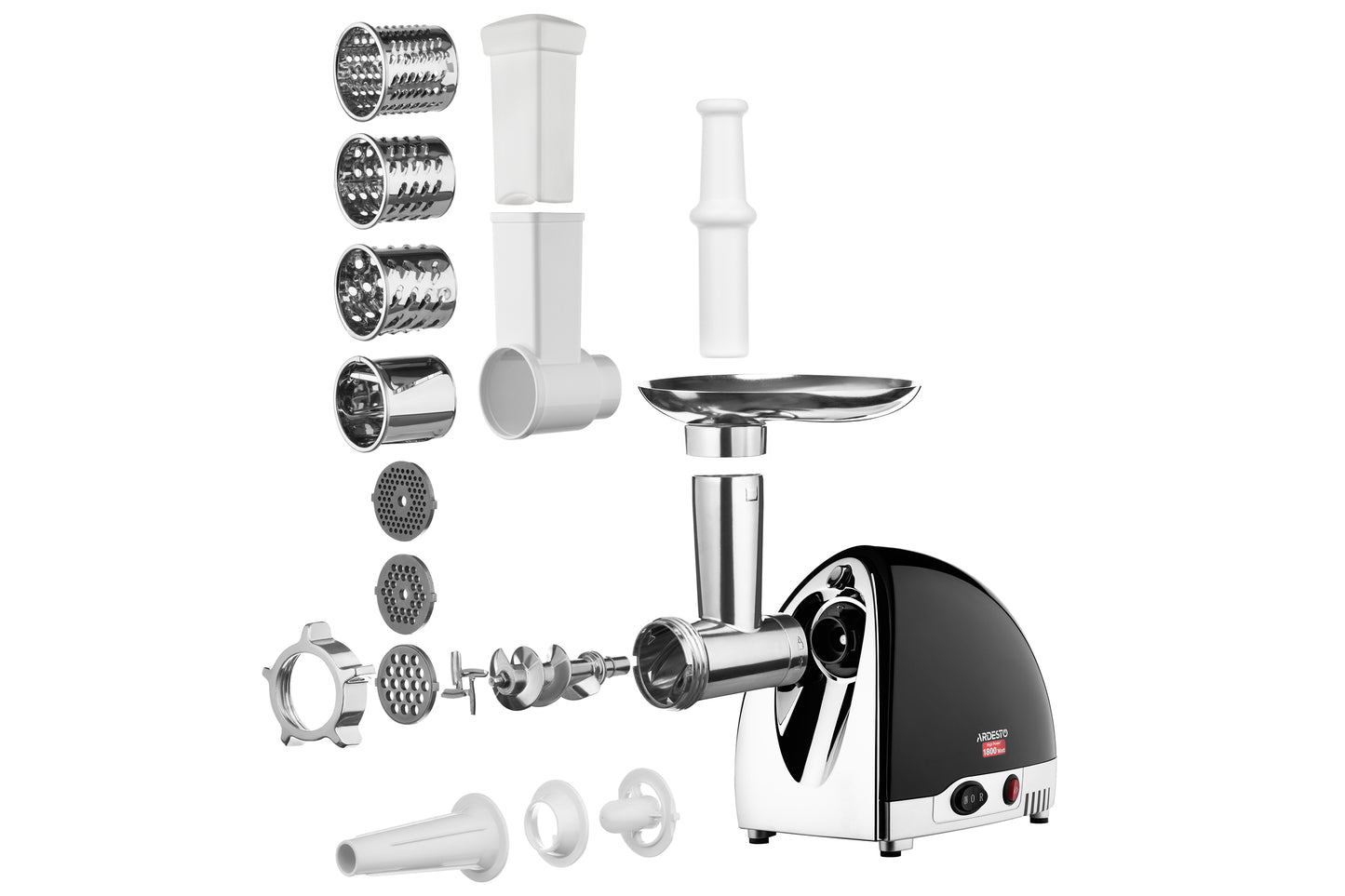 Ardesto meat grinder, 1800W, 2kg/min, 3 cutting plates, sausages nozzle, 4 vegetable slicer, plastik, black-silver