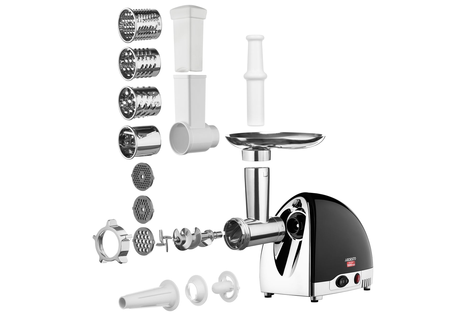 Ardesto meat grinder, 1800W, 2kg/min, 3 cutting plates, sausages nozzle, 4 vegetable slicer, plastik, black-silver
