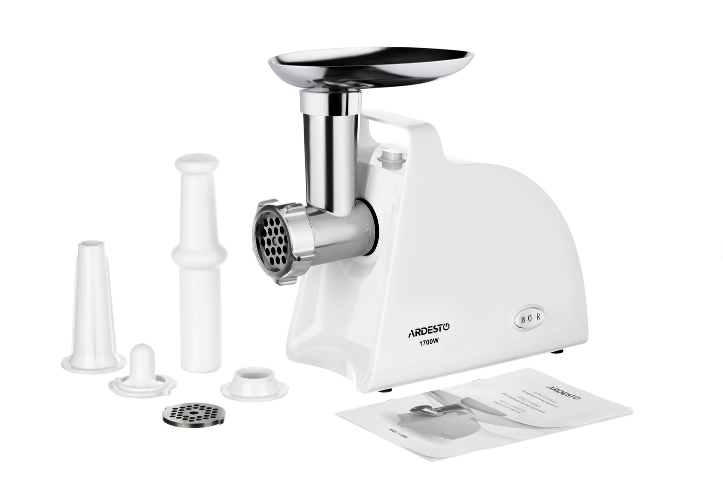 Ardesto meat grinder, 1700W, 1.6kg/min, 2 cutting plates, sausages nozzle, plastik, white
