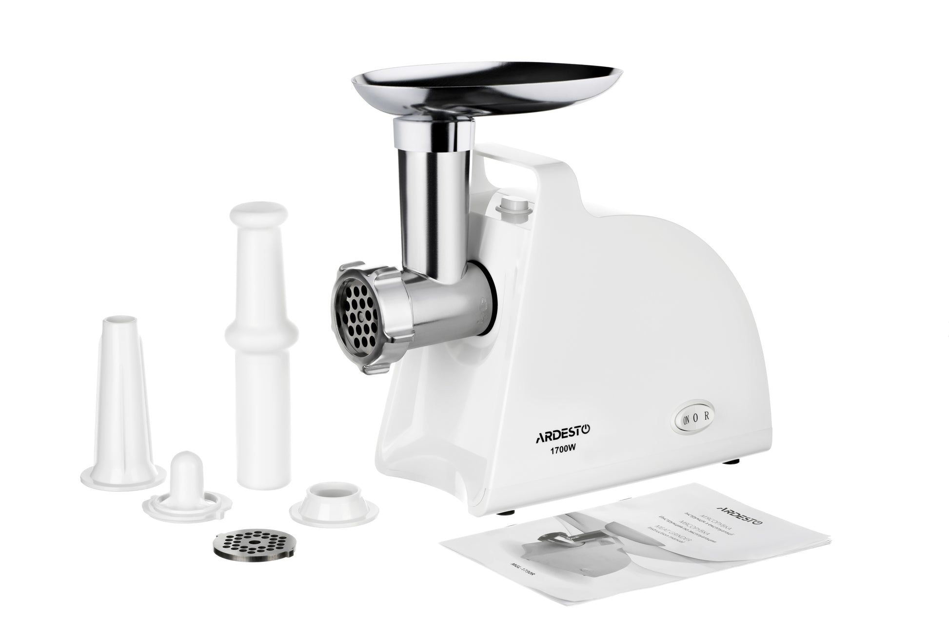 Ardesto meat grinder, 1700W, 1.6kg/min, 2 cutting plates, sausages nozzle, plastik, white