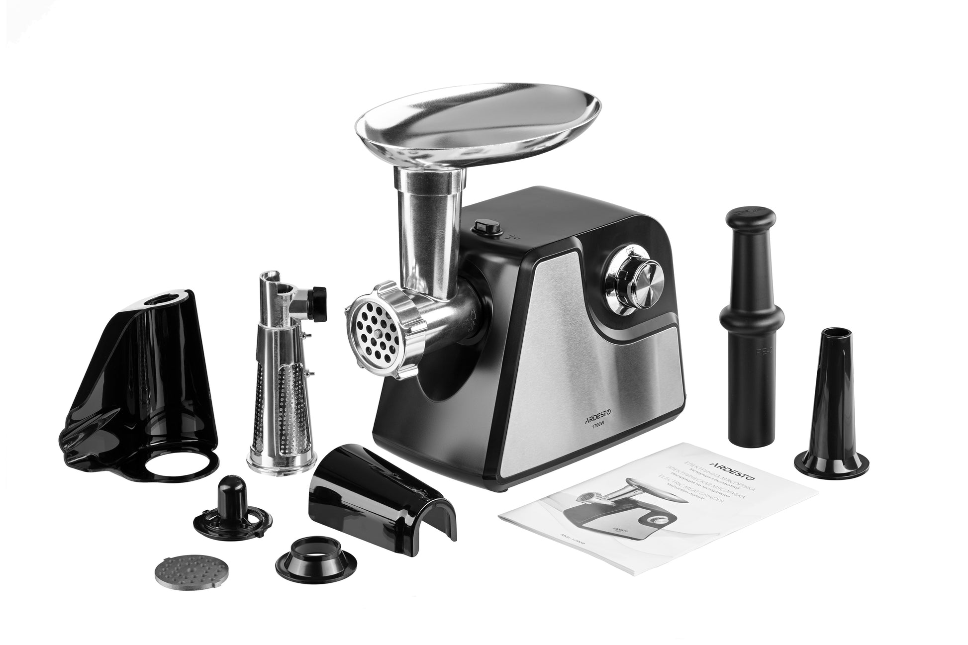 Ardesto meat grinder, 1700W, 1.6kg/min, 2 cutting plates, sausages nozzle, tomato juicer, plastik/metal, black-silver