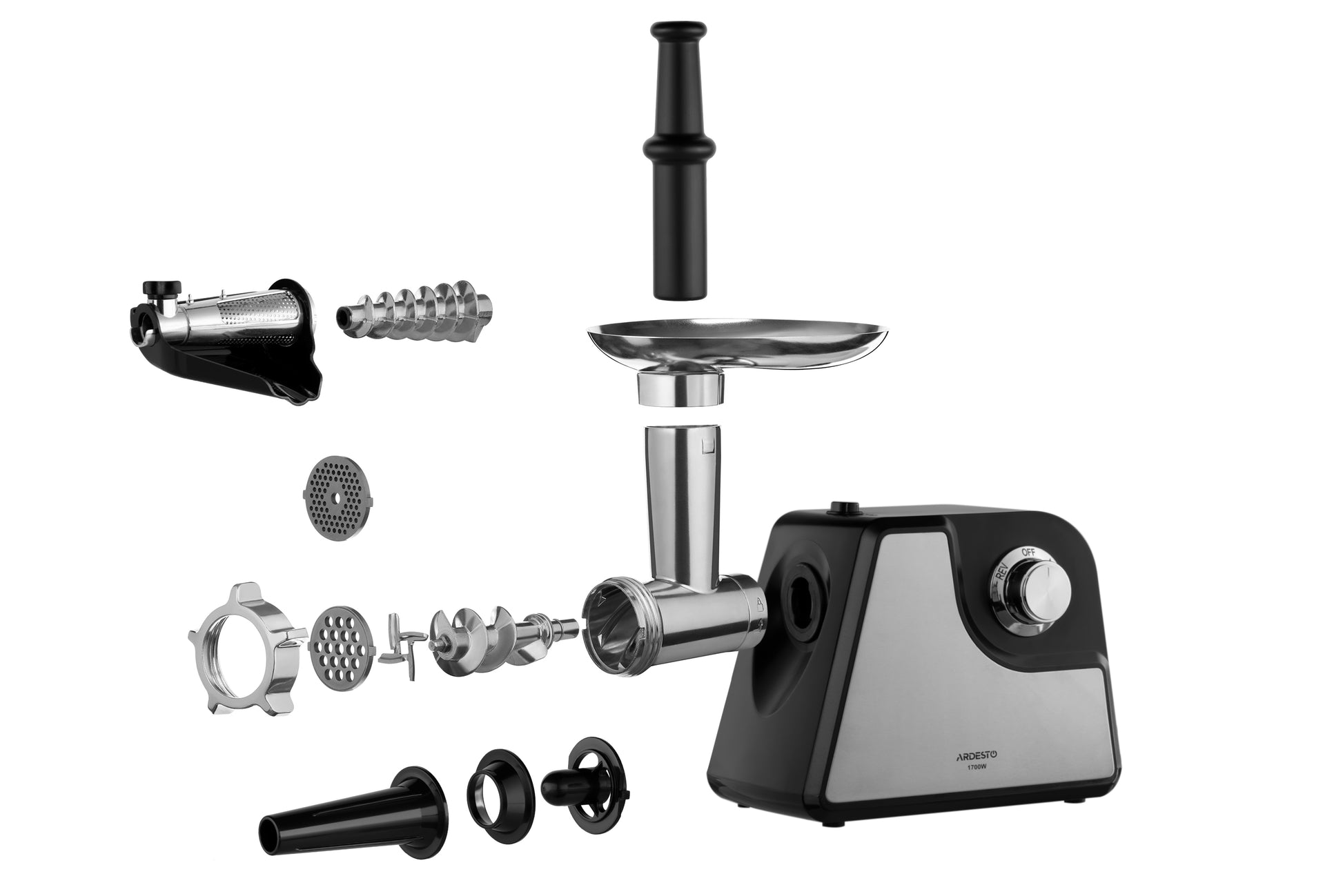 Ardesto meat grinder, 1700W, 1.6kg/min, 2 cutting plates, sausages nozzle, tomato juicer, plastik/metal, black-silver