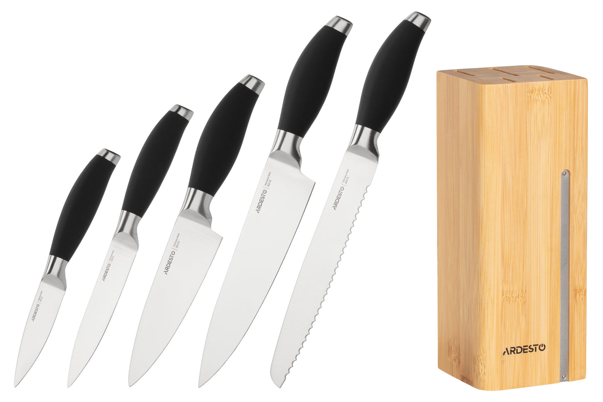 Ardesto Knife set Gemini 6 pcs, s/s, plastic, block: bamboo, s/s