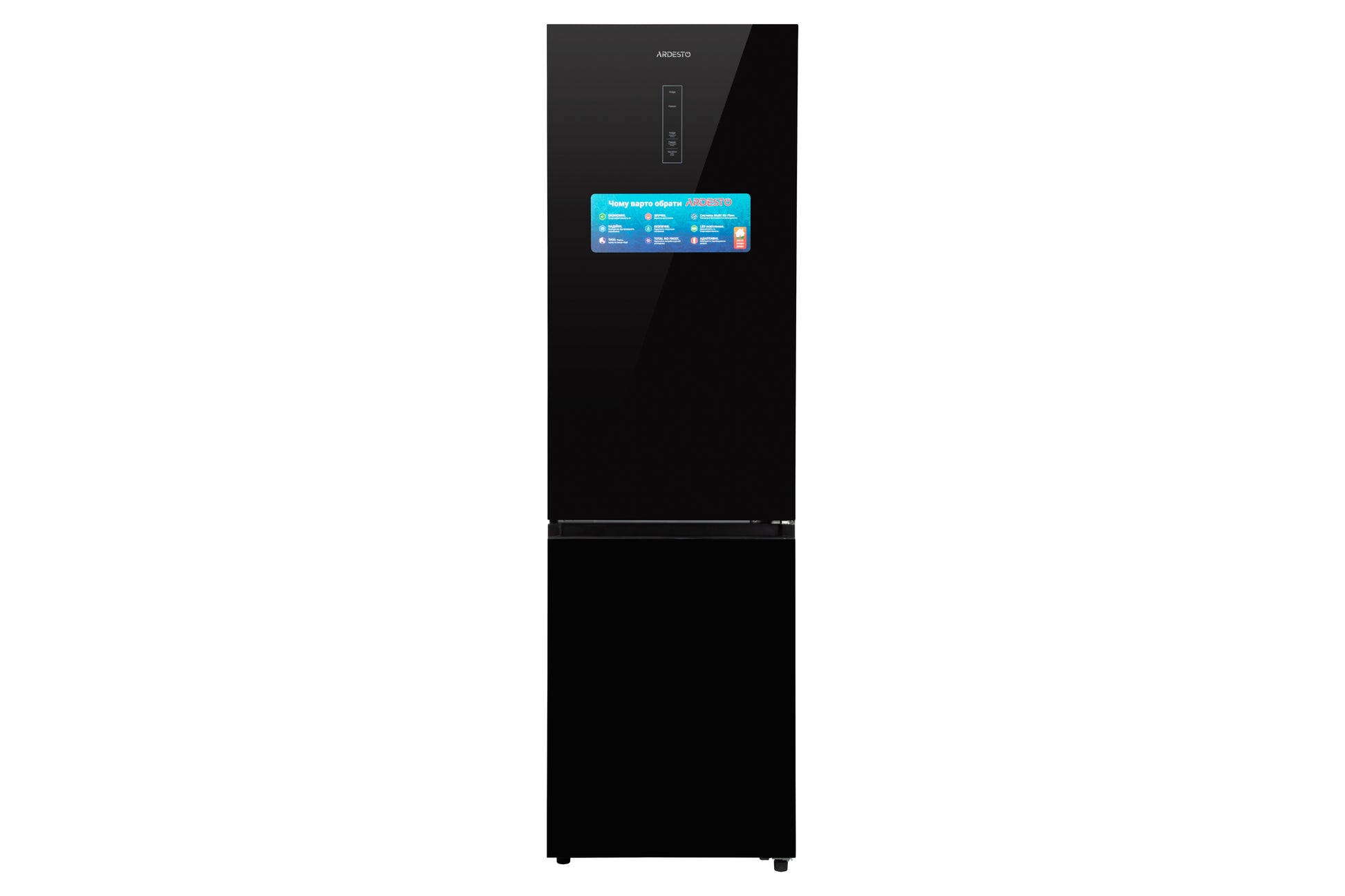 Ref ARDESTO with bottom freezer, 201.8x59.5x66, ref-256L, freez.-122L, 2doors, A+, NF, display ext, fresh zone, black