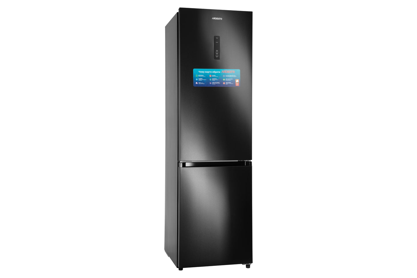Ref ARDESTO with bottom freezer, 201.8x59.5x66, ref-256L, freez.-122L, 2doors, A+, NF, display ext, fresh zone, black