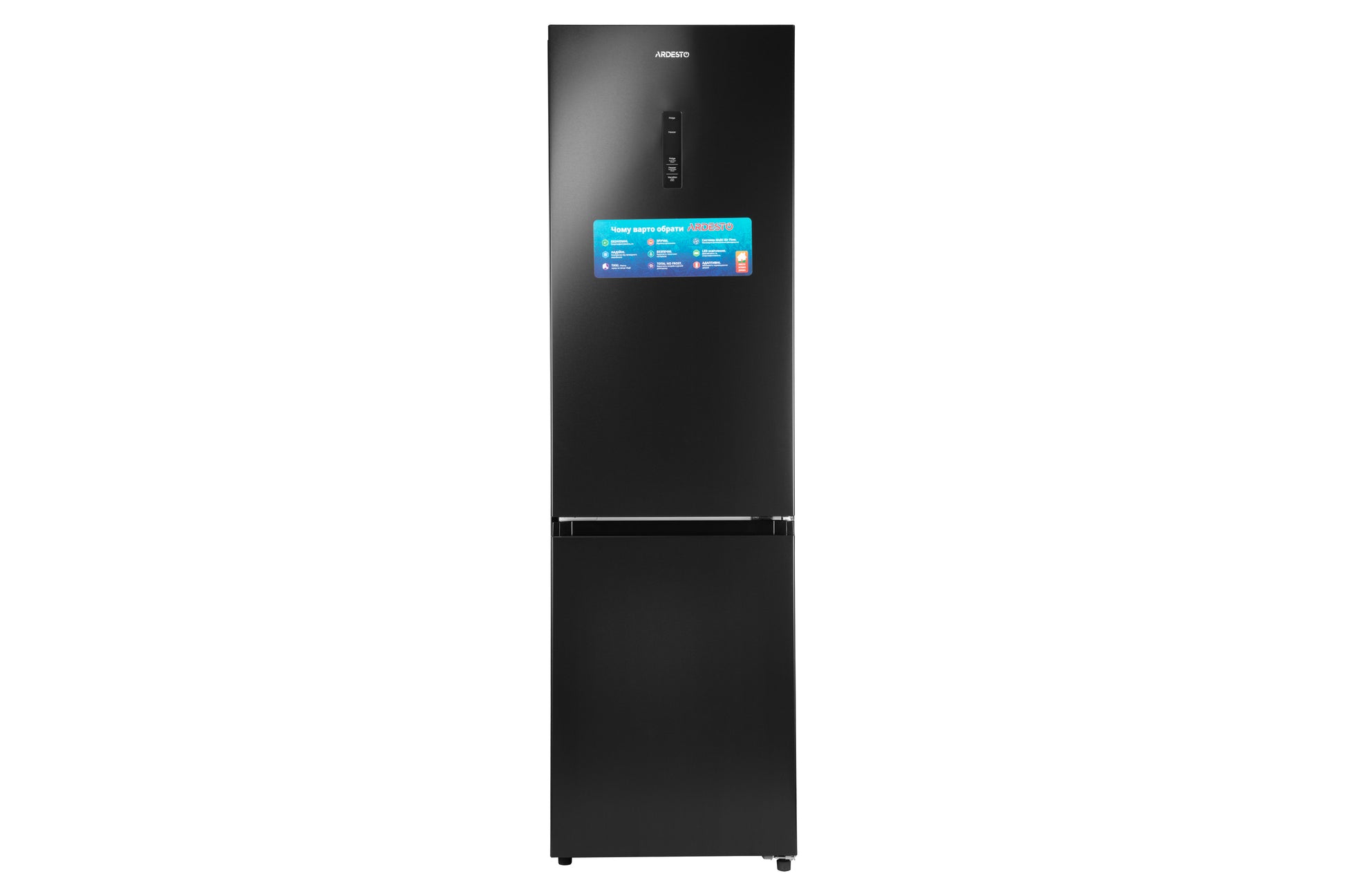 Ref ARDESTO with bottom freezer, 201.8x59.5x66, ref-256L, freez.-122L, 2doors, A+, NF, display ext, fresh zone, black