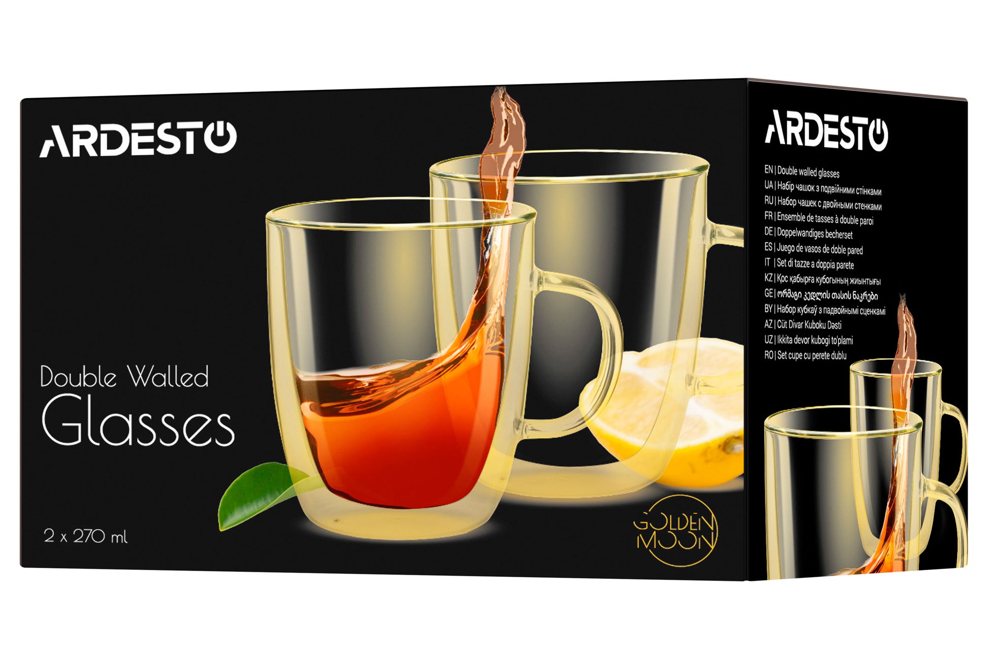 Ardesto Doublewall mug set with handles Golden Moon, 270ml, 2pcs, borosilicate glass, golden