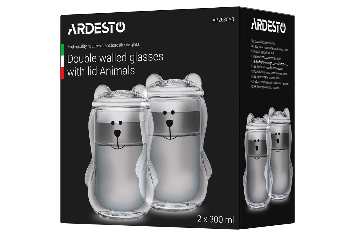 Ardesto Double wall borosilicate glass mug set with a lid Animals, 300 ml, 2 pcs, with glass lid