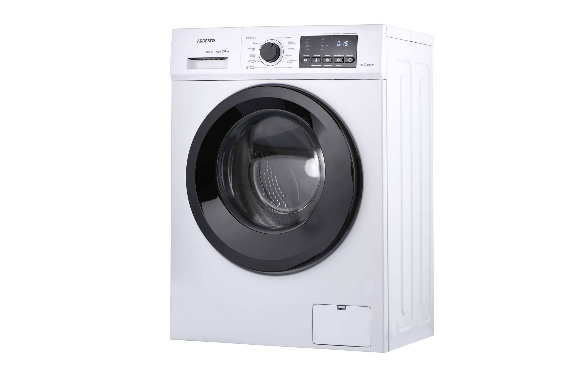 WM ARDESTO front load Black Mars, 7kg, 1400, A+++, 48cm, display, steam, inverter, drum lighting, white