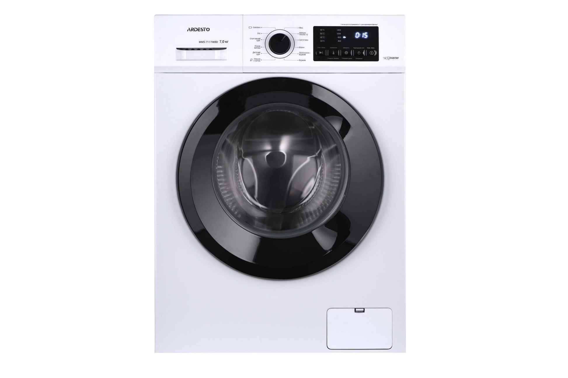 WM ARDESTO front load Black Mars, 7kg, 1400, A+++, 48cm, display, steam, inverter, drum lighting, white