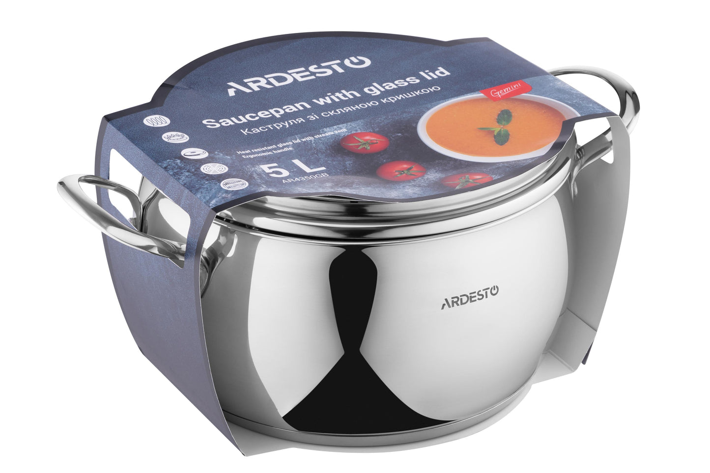 Ardesto Casserole with glass lid Gemini Liguria, 5l, stainless steel