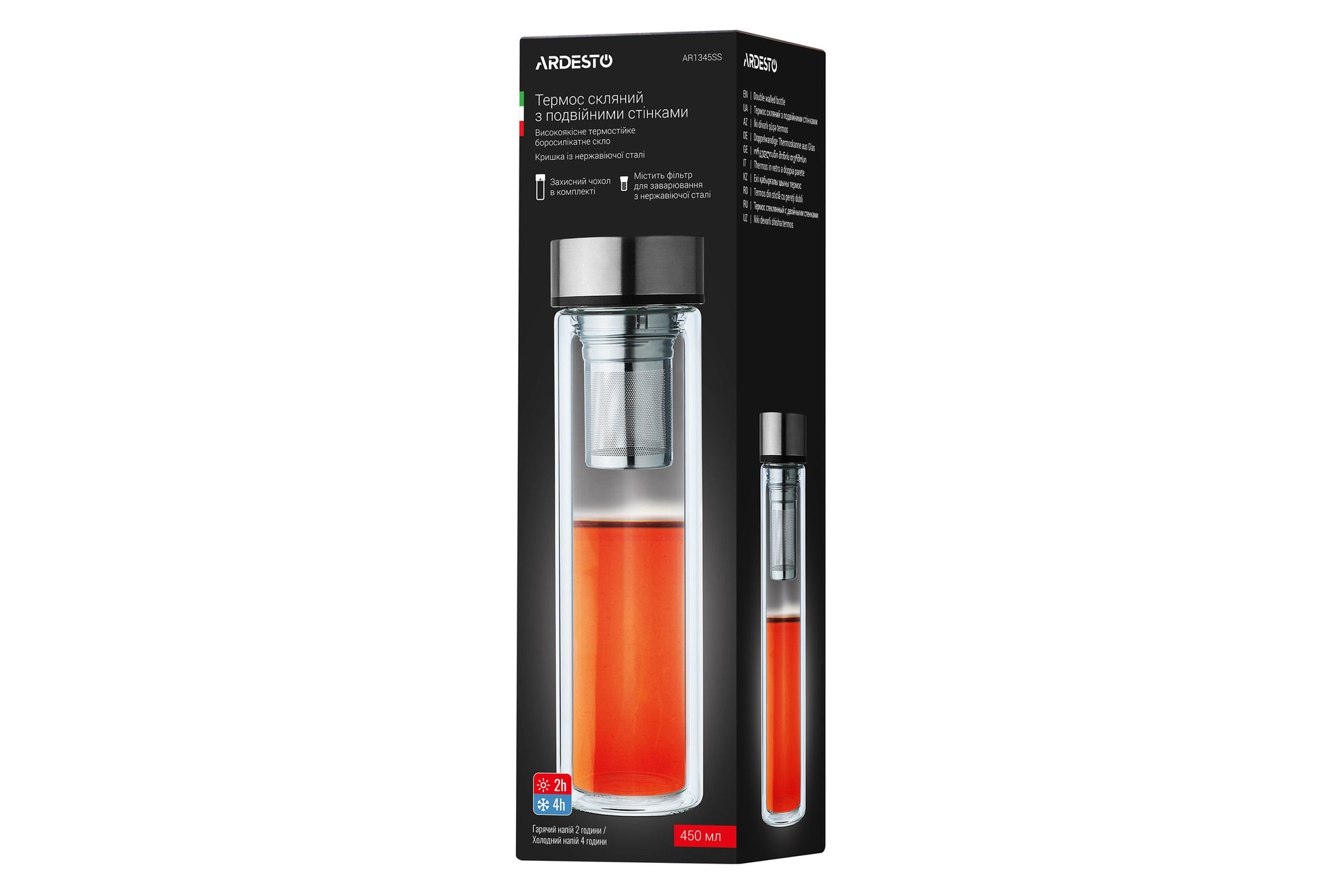Ardesto Double wall Bottle, 450ml, borosilicate glass, stainless steel