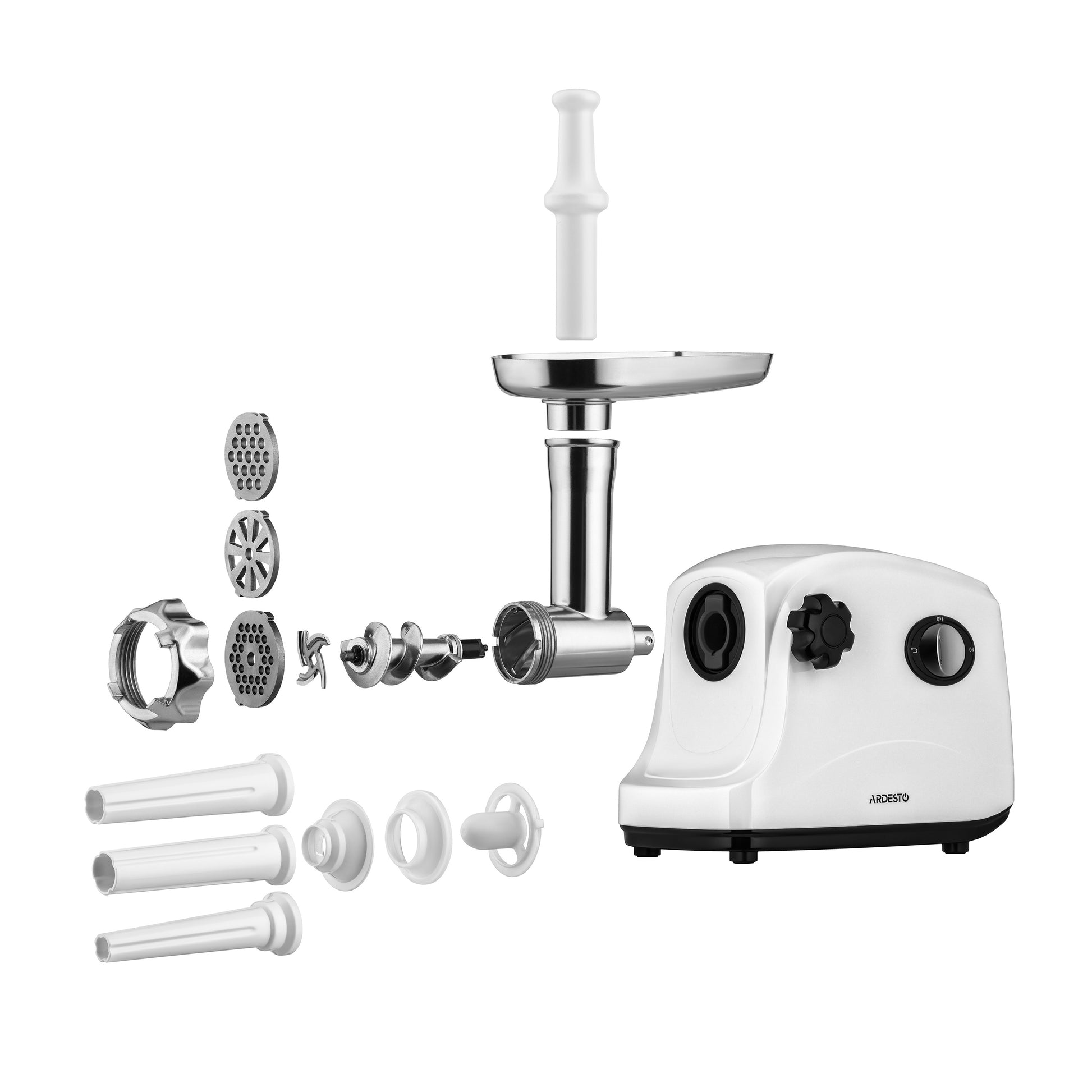 ARDESTO Meat grinder , 1600W, 1.6kg/min, 3 cutting plates, sausages nozzle, plastik, white