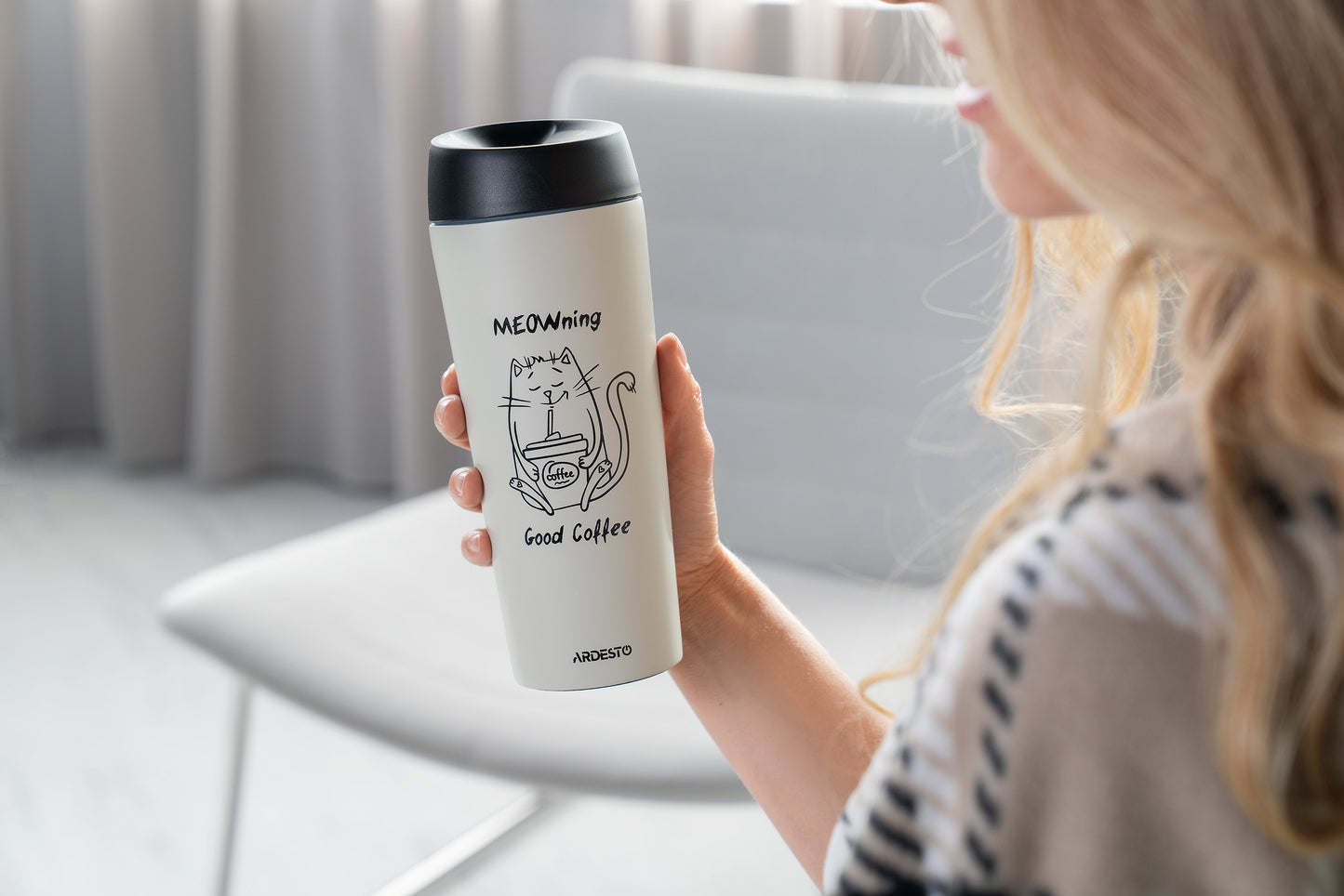 Ardesto Travel mug Coffee Time Meowning, 450ml, stainless steel, beige
