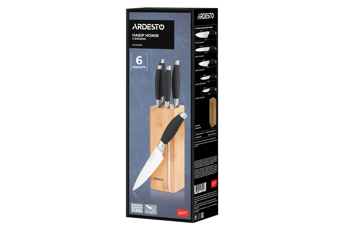 Ardesto Knife set Gemini 6 pcs, s/s, plastic, block: bamboo, s/s
