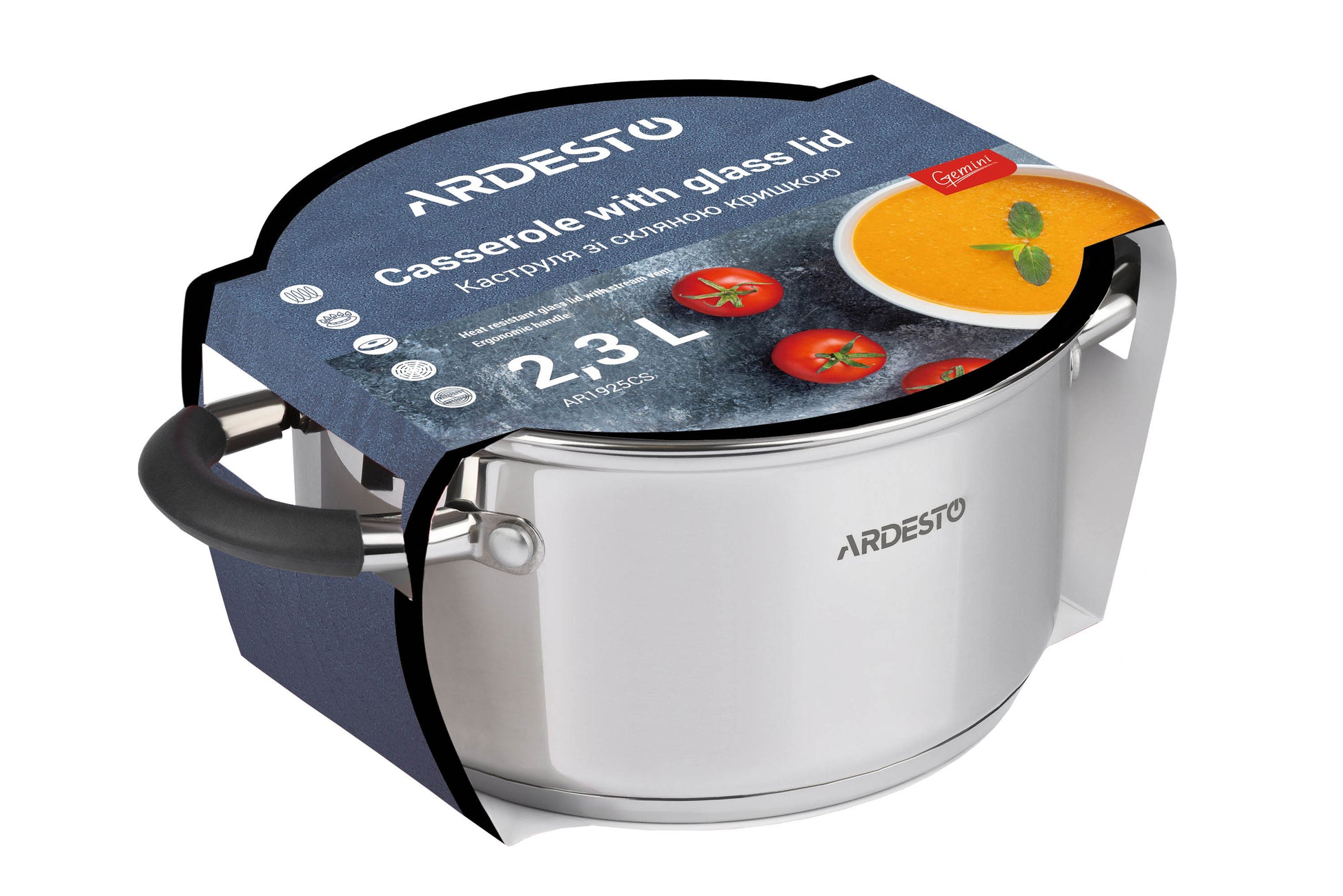 Casserole Ardesto Gemini, glass lid, 2.5 l, gray handles with silicone