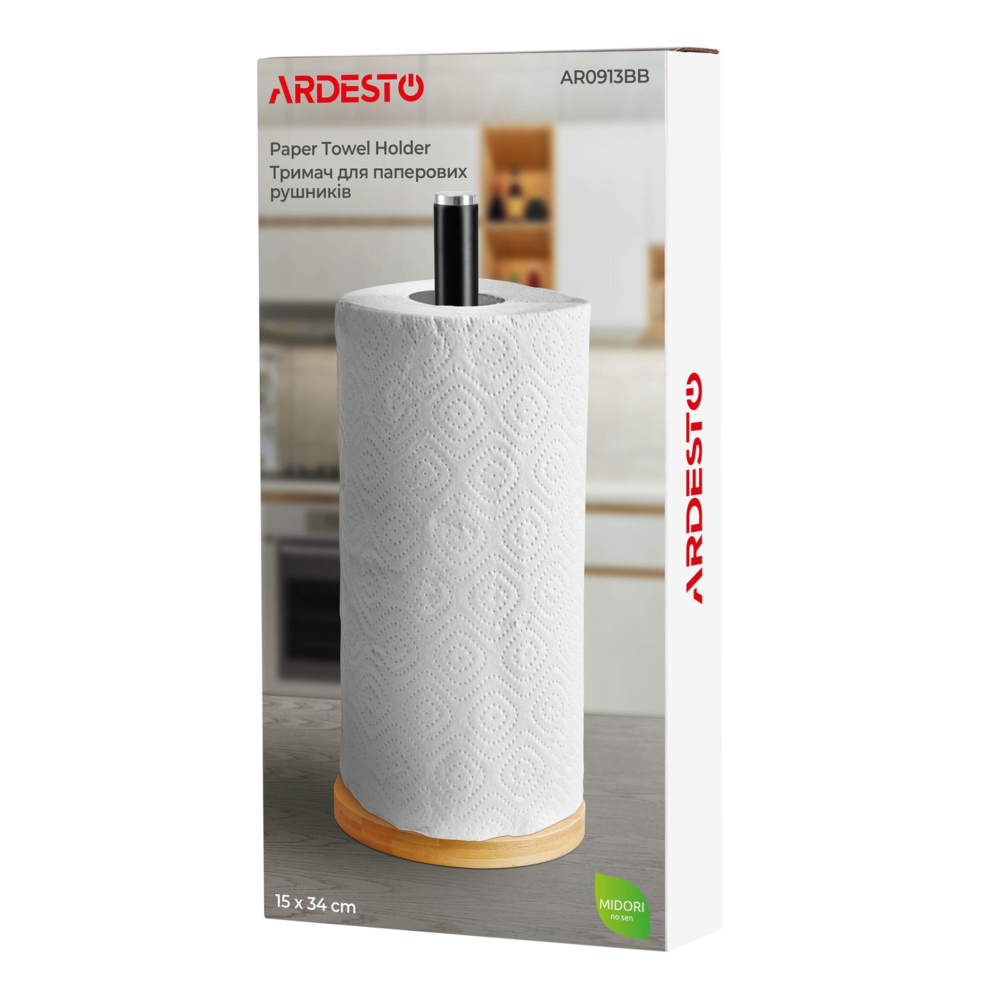 Ardesto Paper Towel Holder Midori 15х34cm, metal, bamboo, black