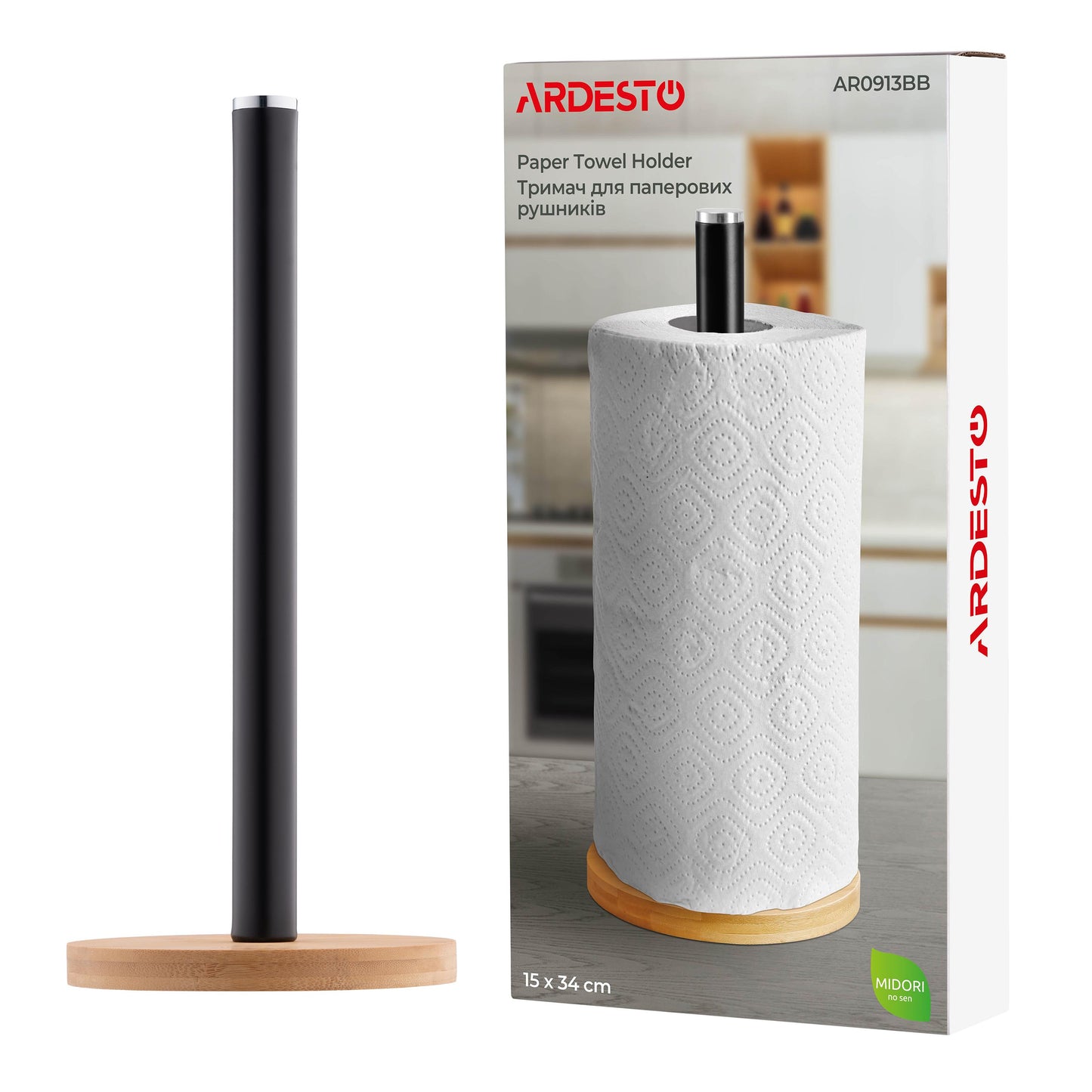 Ardesto Paper Towel Holder Midori 15х34cm, metal, bamboo, black