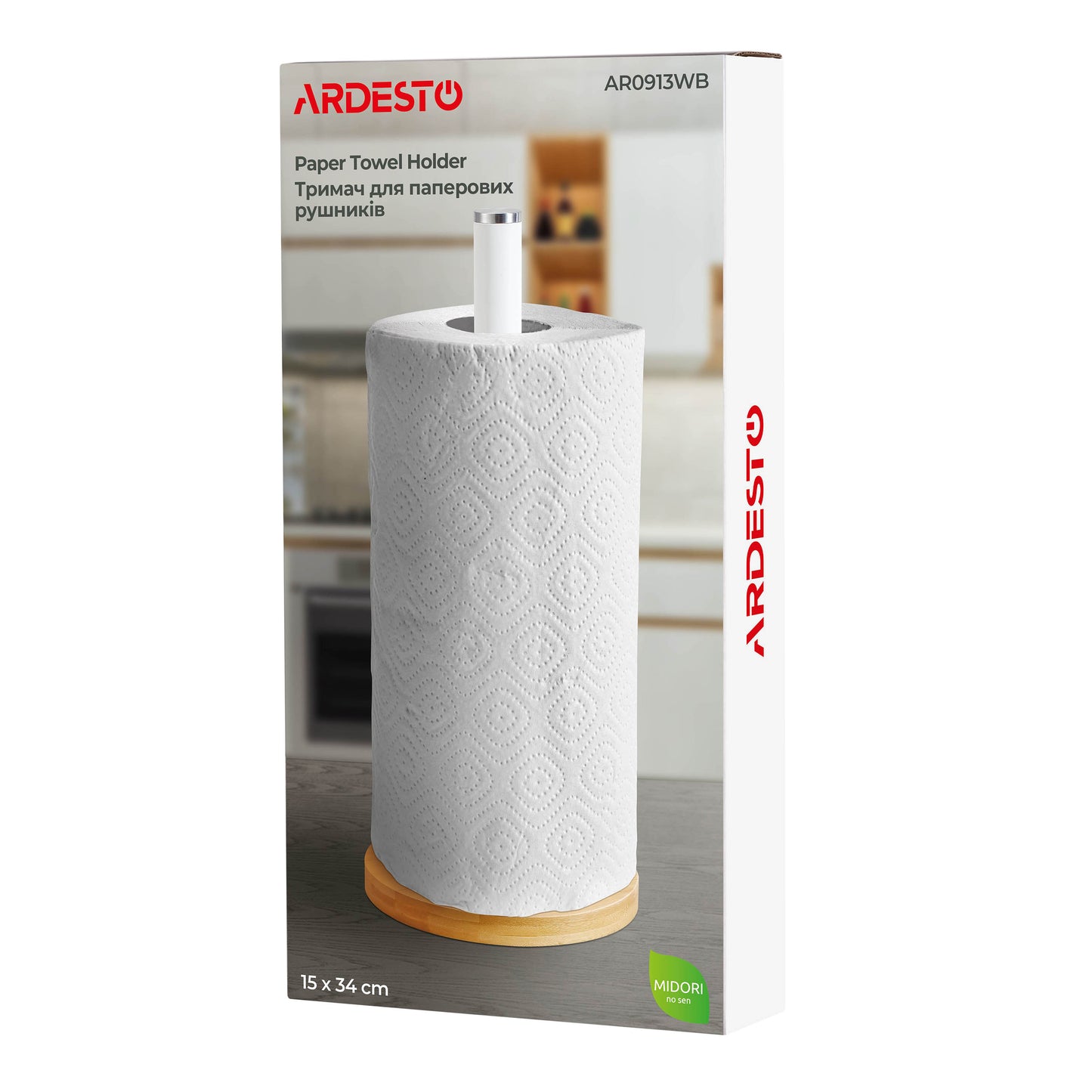 Ardesto Paper Towel Holder Midori 15х34cm, metal, bamboo, white