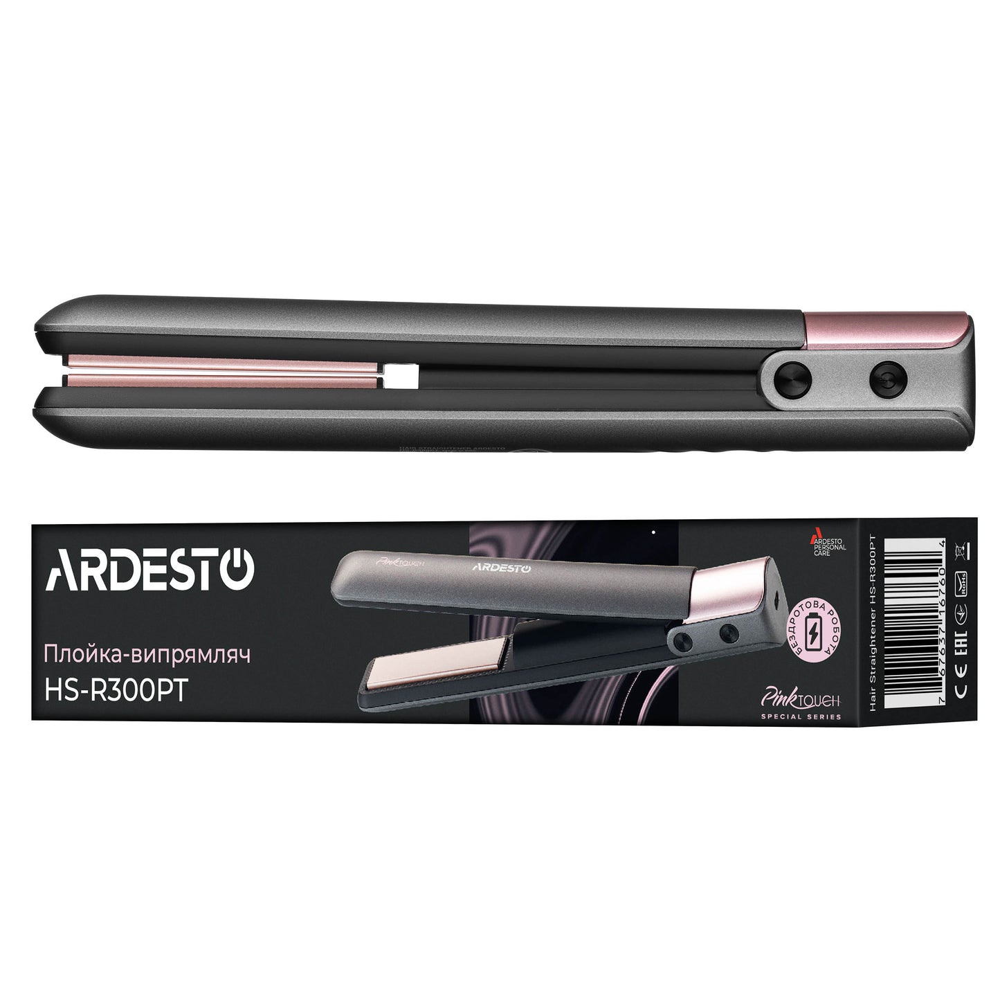 Ardesto Hair straightener Pink Touch, 50V, 160-200C, display, ceramics, USB-C > USB-A gray-pink
