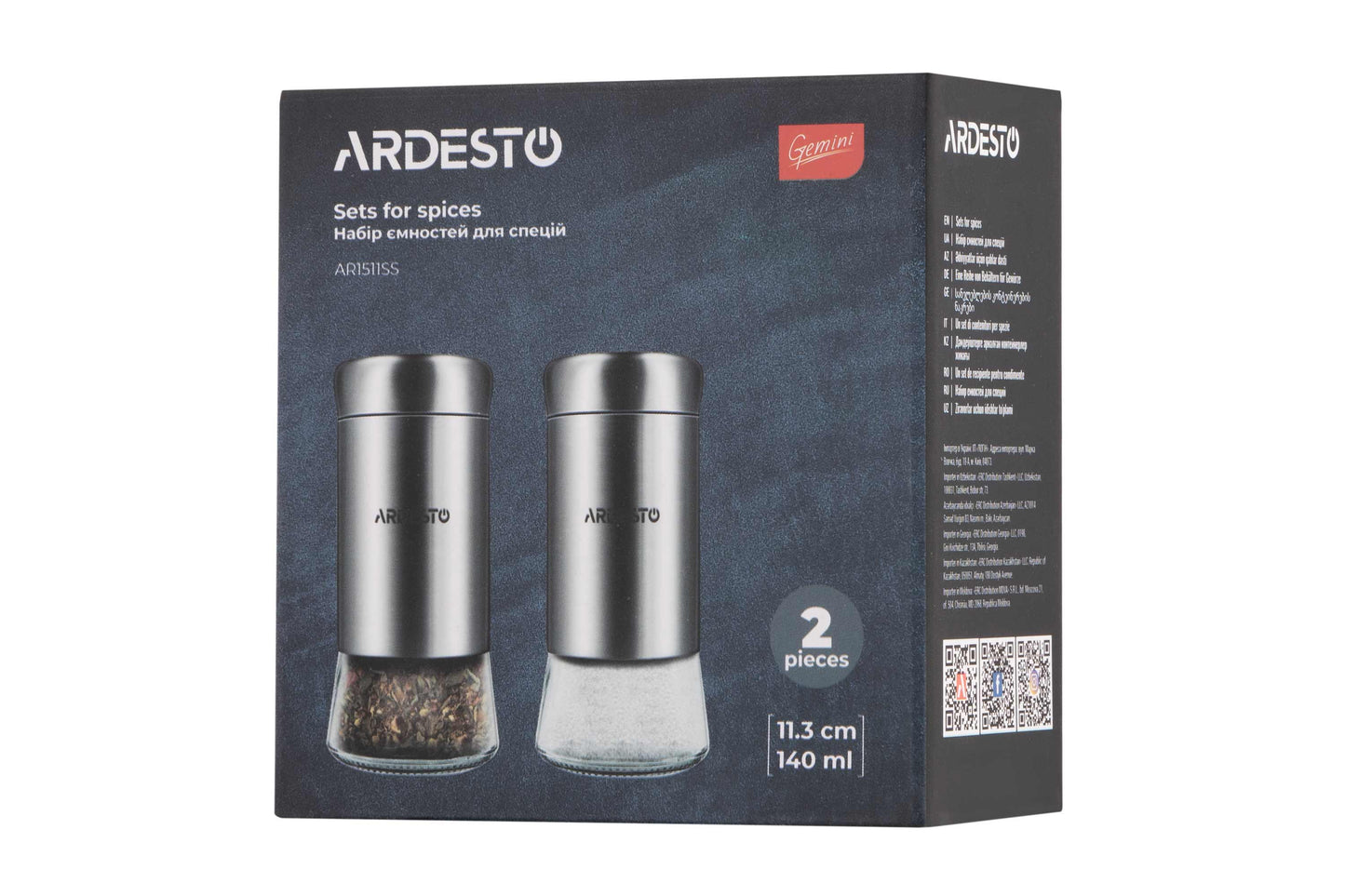 Ardesto Spices Shakers Set Gemini, 2 pcs, stainless steel, glass