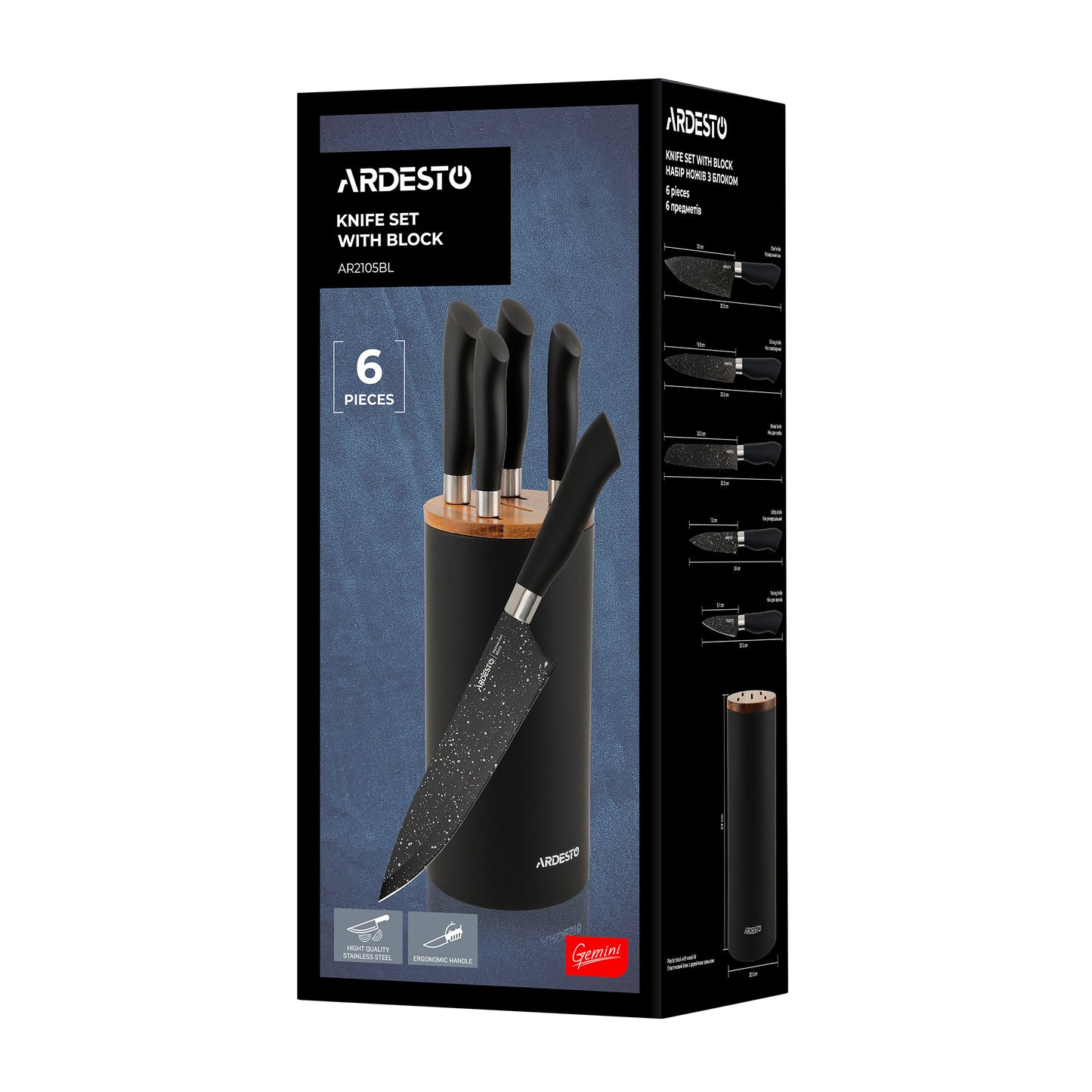 Ardesto Knives Set with block Gemini, 6pcs, stainless steel, plastic, black