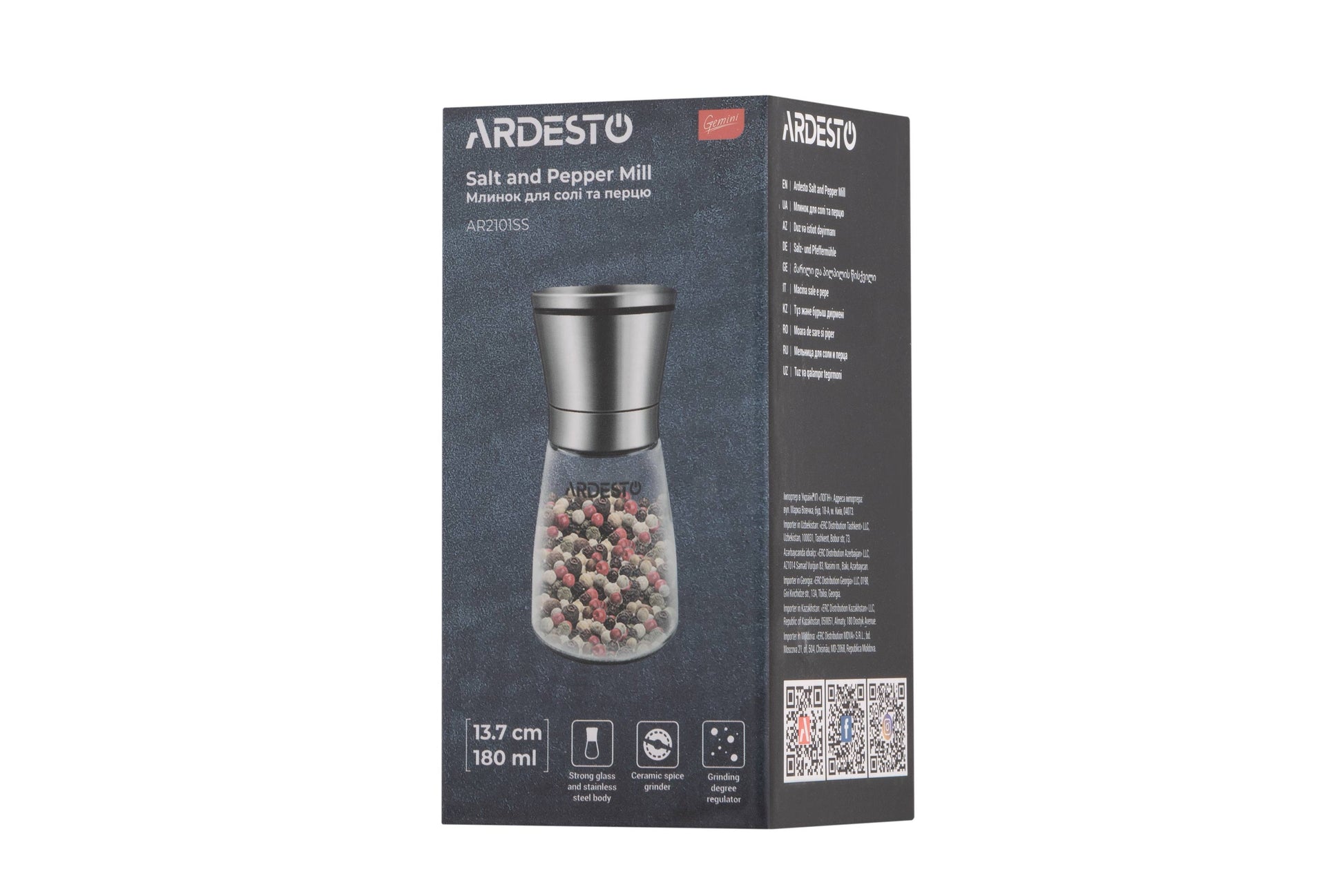 Ardesto Salt and Pepper Mill Gemini, glass, stainless steel