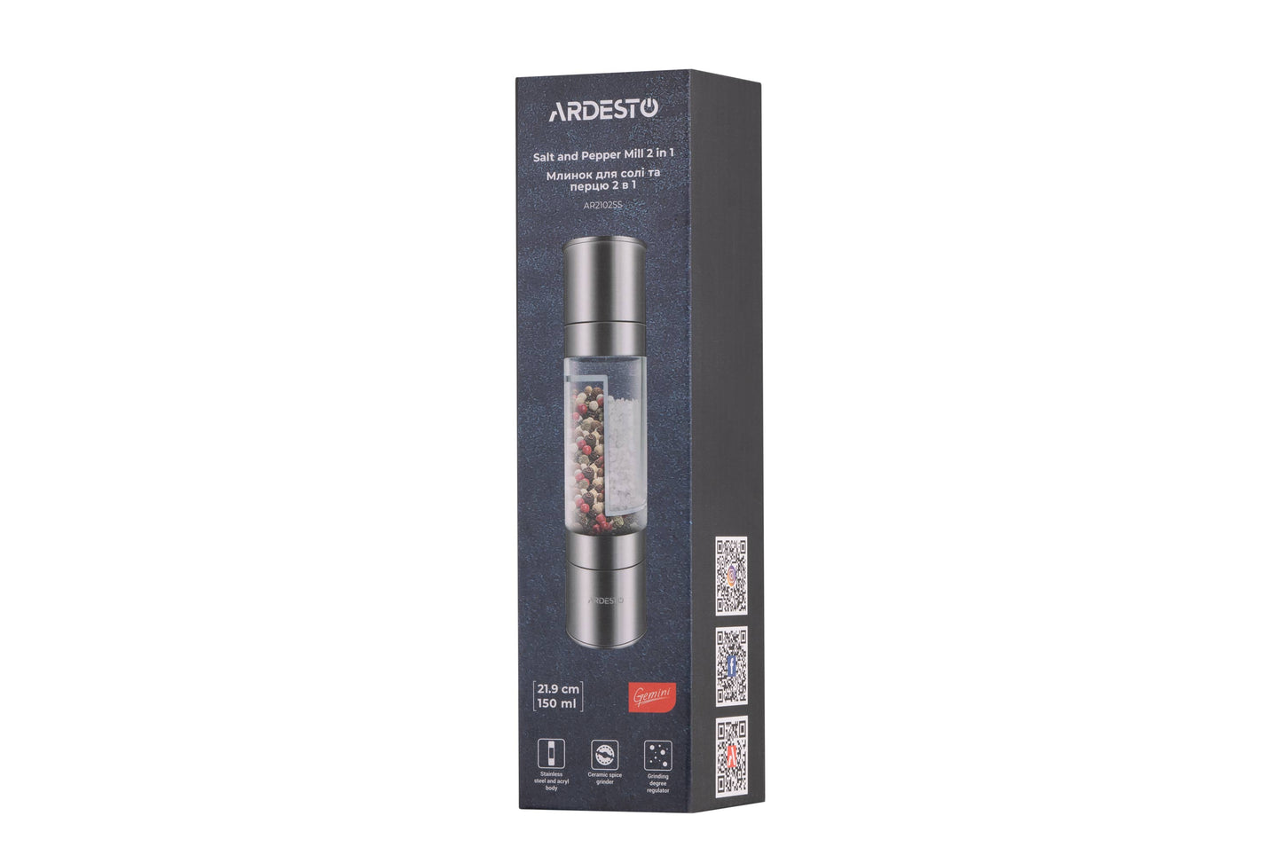 Ardesto Salt and Pepper Mill 2 in 1 Gemini, acryl, stainless steel