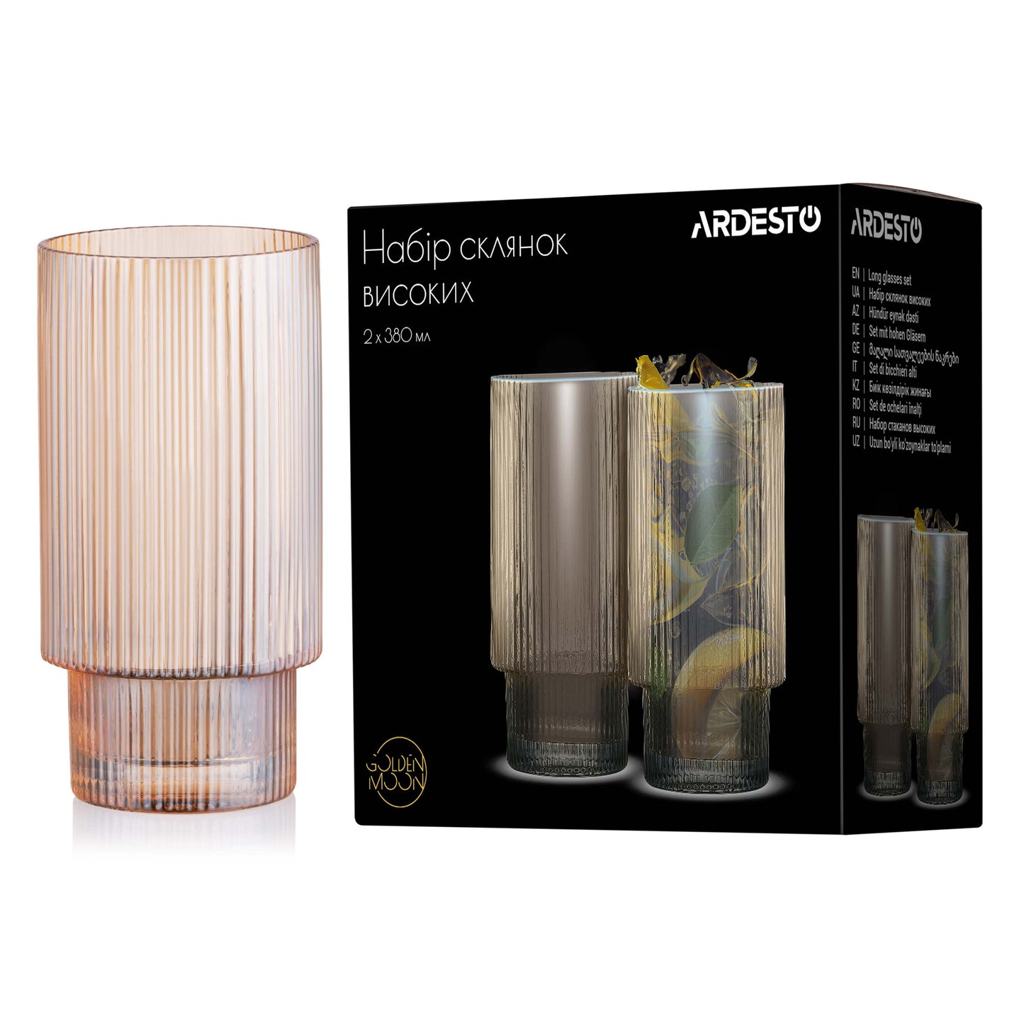 Ardesto Long glasses set, 380ml, 2pcs, glass, golden