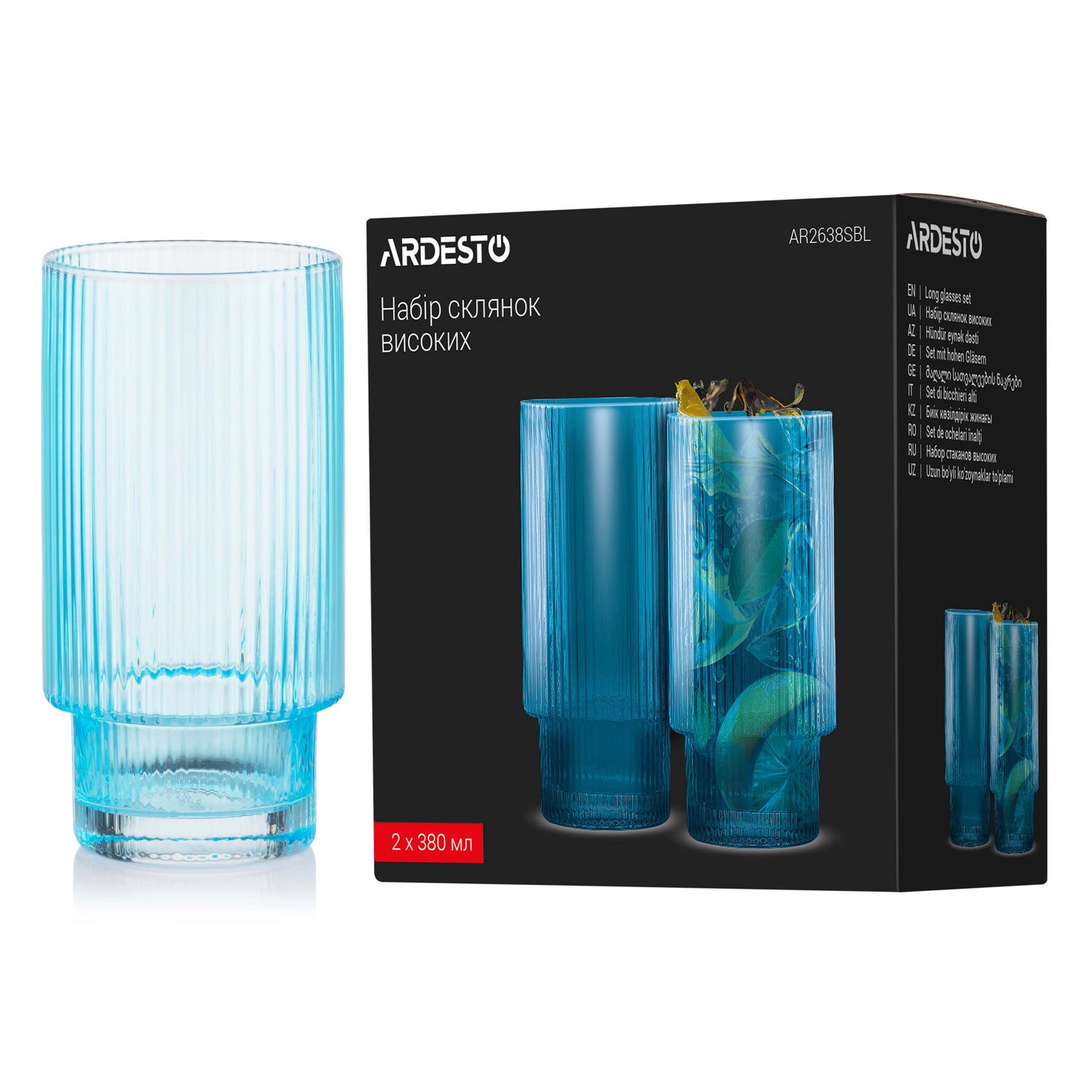 Ardesto Long glasses set, 380ml, 2pcs, glass, blue