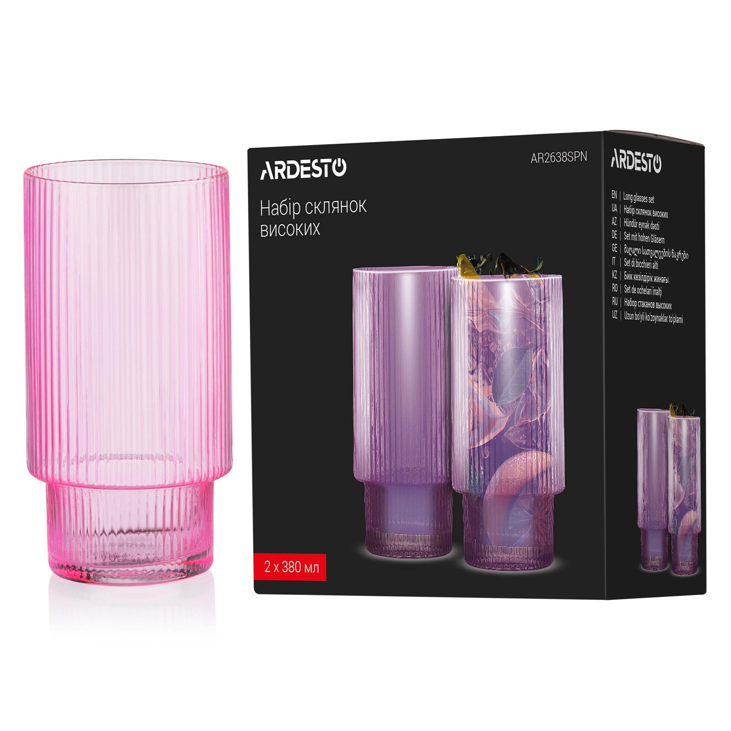 Ardesto Long glasses set, 380ml, 2pcs, glass, pink