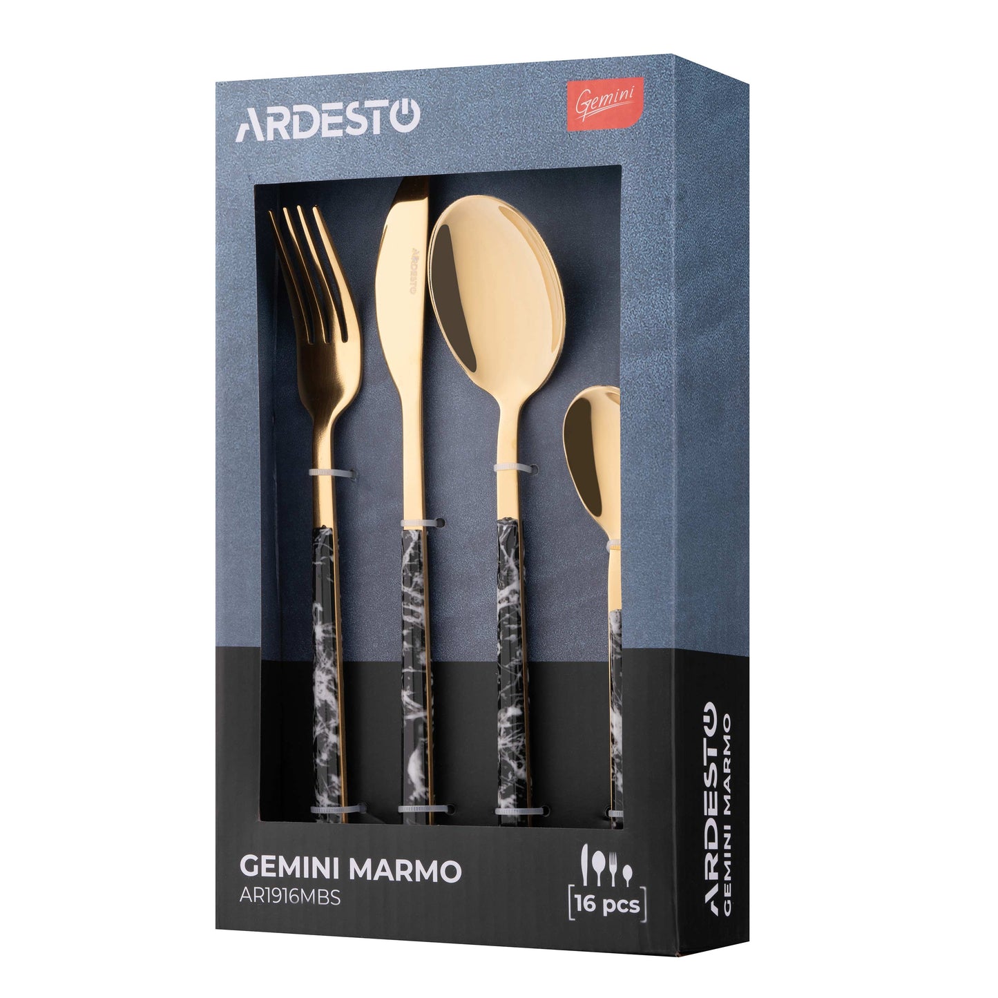 Ardesto Cutlery set Gemini Marmo, 16pcs, stainless steel, plastic, golden-black
