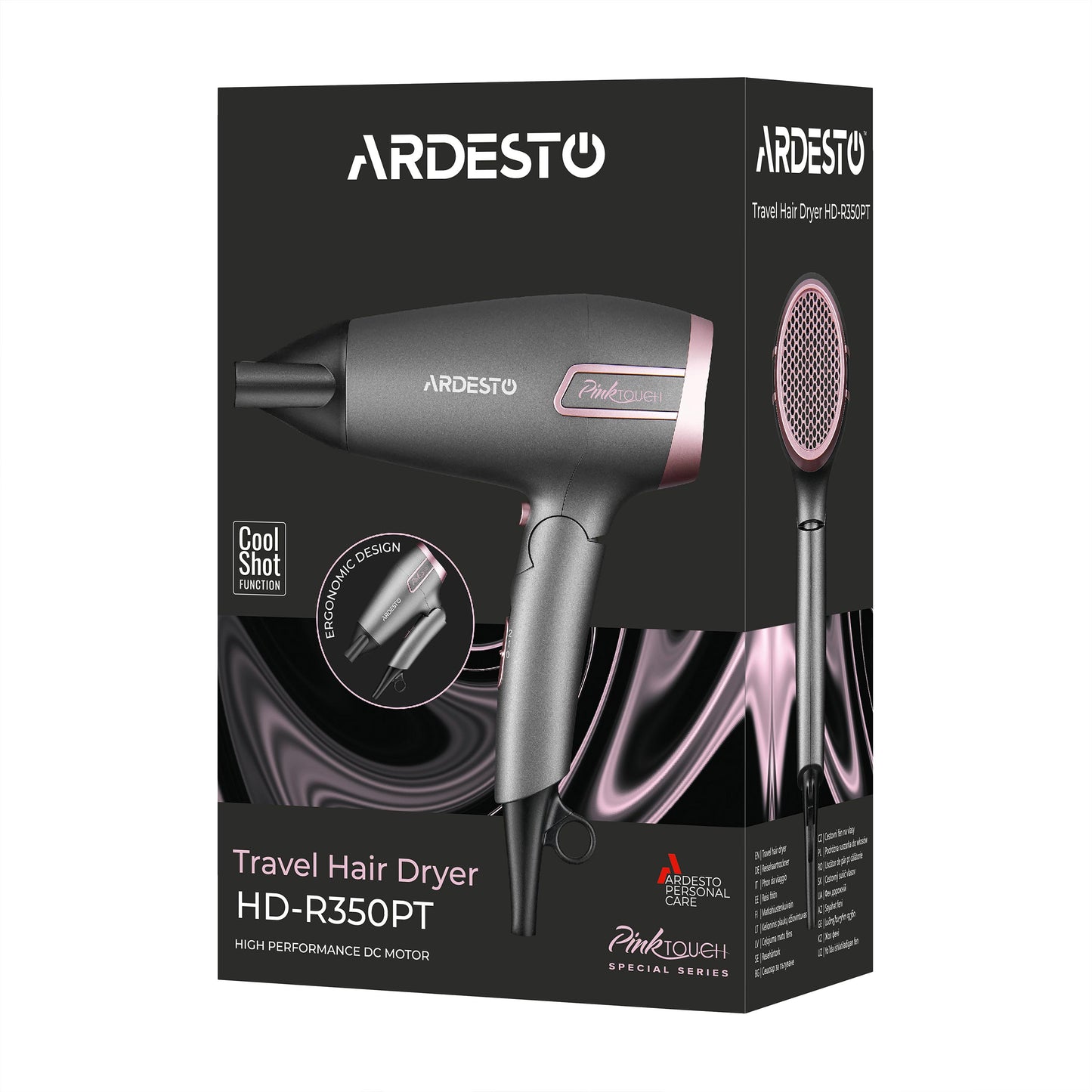 Ardesto Hair Dryer Pink Touch, 2000W, 2 speeds, 2 heat setting, foldable handle, gray+pink