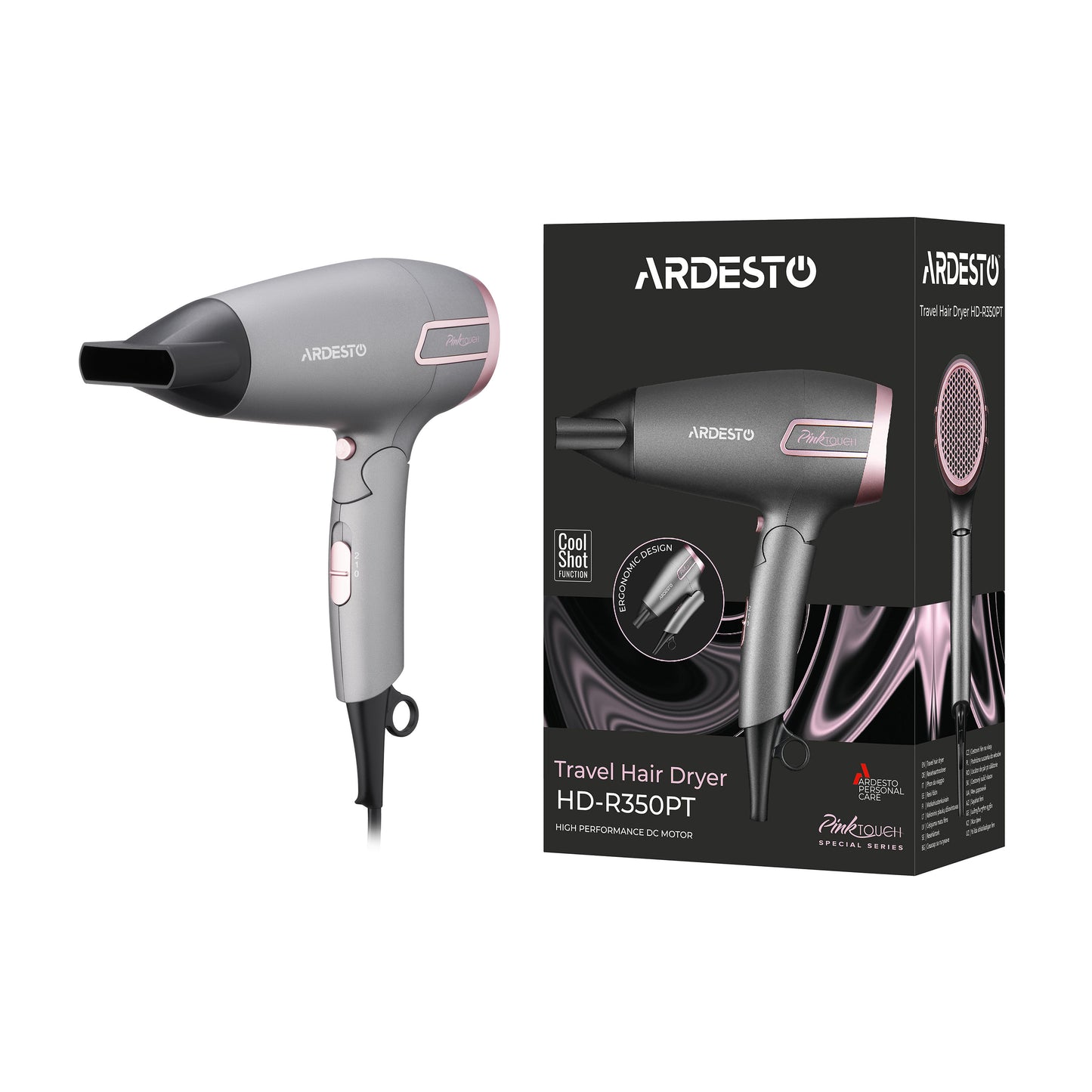 Ardesto Hair Dryer Pink Touch, 2000W, 2 speeds, 2 heat setting, foldable handle, gray+pink
