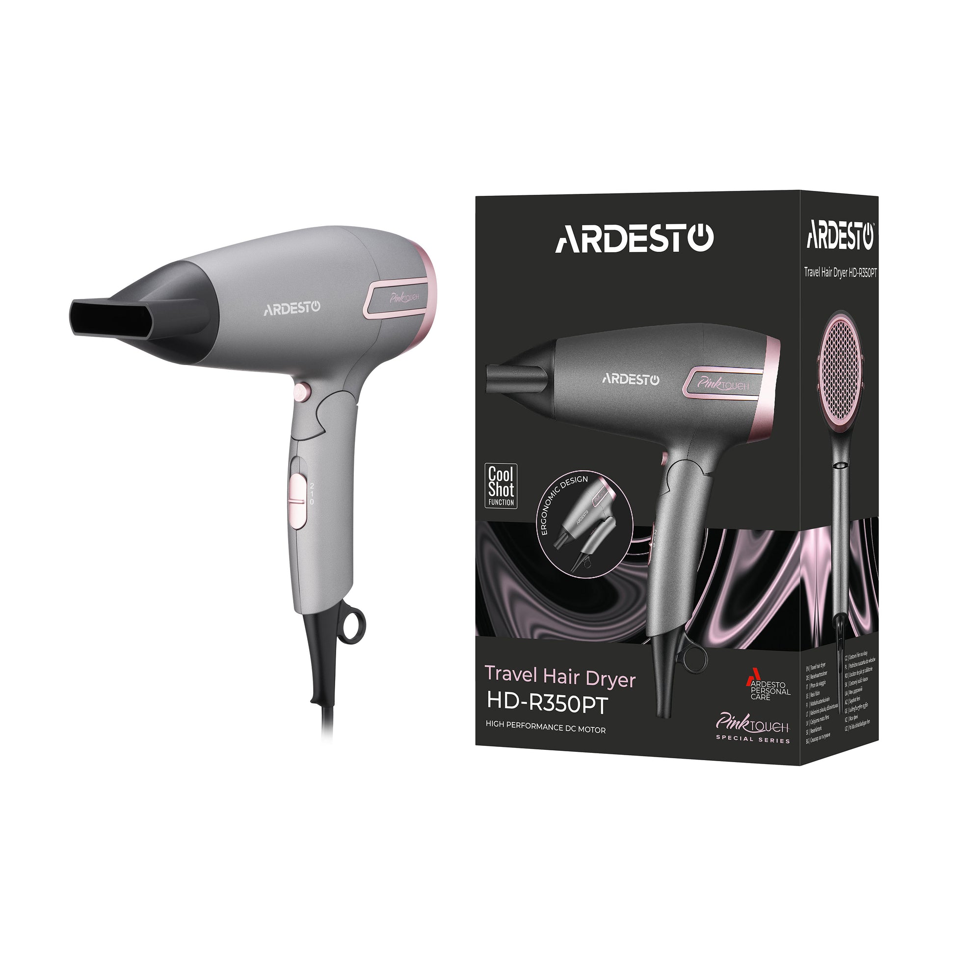 Ardesto Hair Dryer Pink Touch, 2000W, 2 speeds, 2 heat setting, foldable handle, gray+pink