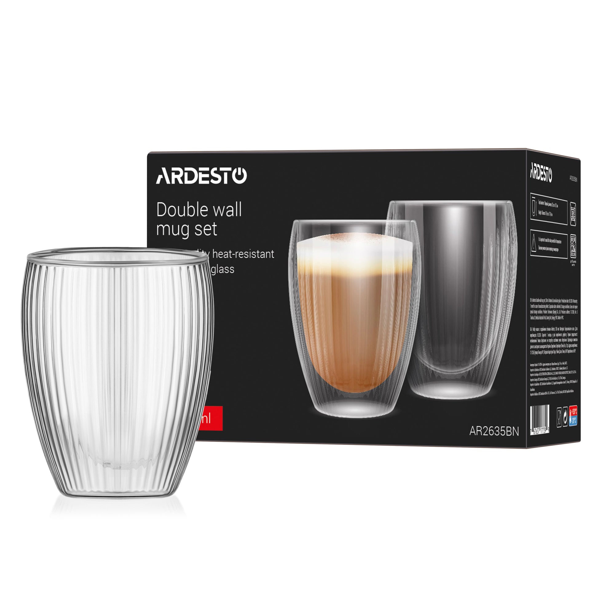 Ardesto Double wall mug set 350ml, 2pcs, borosilicate glass, transparent