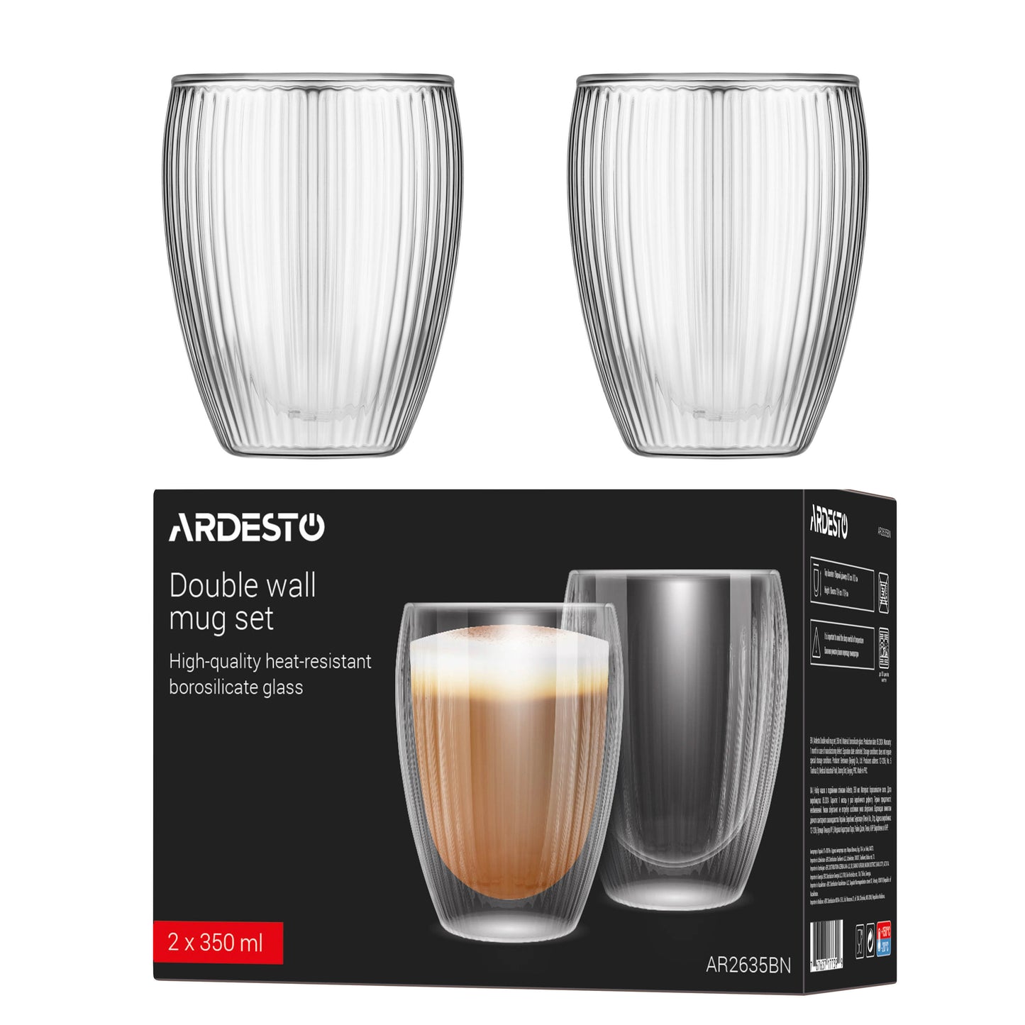 Ardesto Double wall mug set 350ml, 2pcs, borosilicate glass, transparent